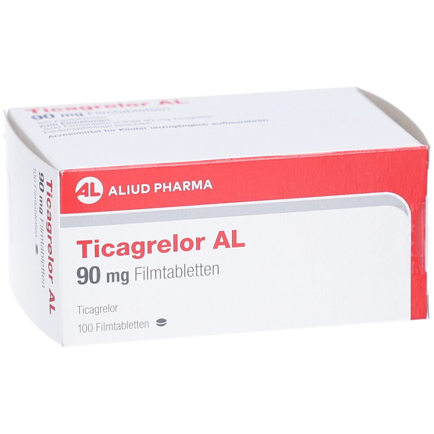Weiße Schachtel mit rotem Streifen. Aufschrift: Ticagrelor AL 90 mg Filmtabletten, 100 Filmtabletten. Logo: AL, Aliud Pharma.