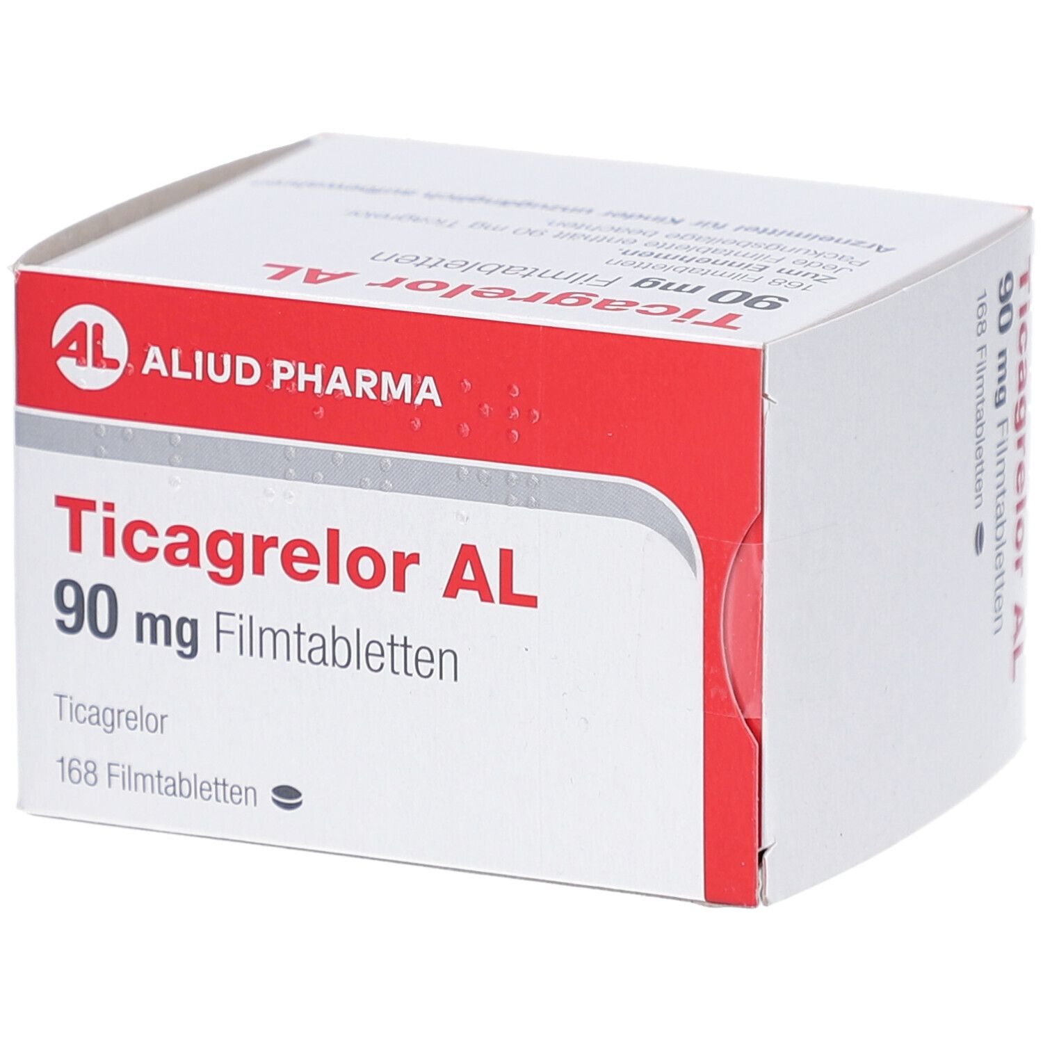 Schachtel mit roter und weißer Aufmachung. Aufschrift: Ticagrelor AL 90 mg Filmtabletten. Marke: AL, Aliud Pharma.