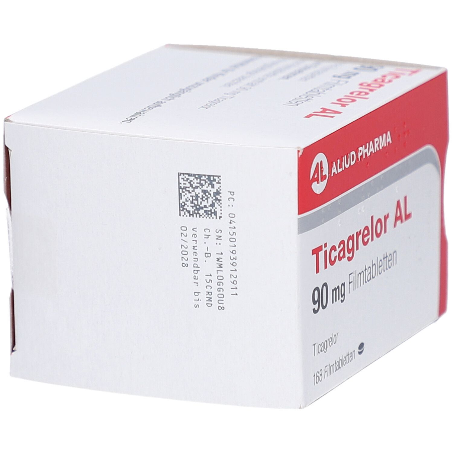 Schachtel mit roter und weißer Aufmachung. Aufschrift: Ticagrelor AL 90 mg Filmtabletten. Marke: AL, Aliud Pharma. Mit Barcode.