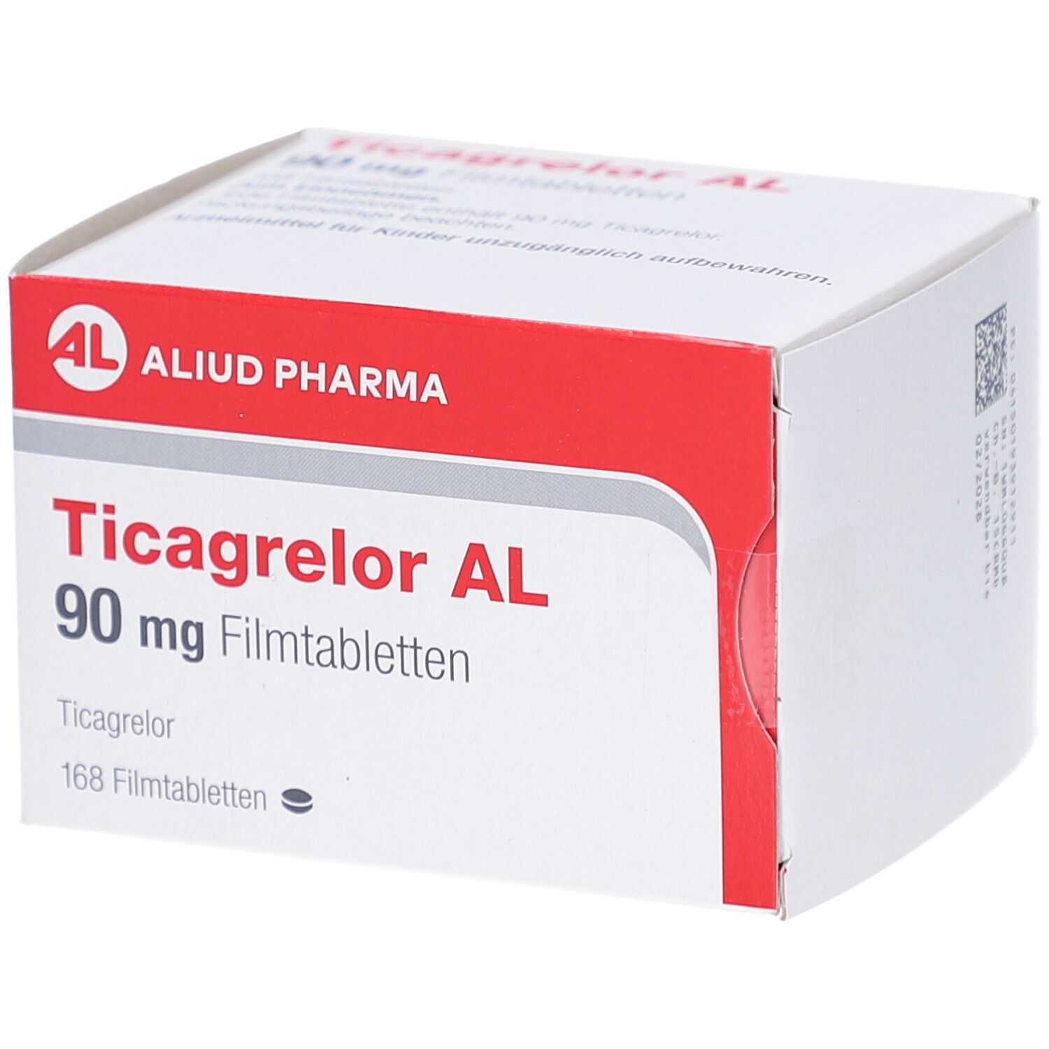 Schachtel mit roter und weißer Aufmachung. Aufschrift: Ticagrelor AL 90 mg Filmtabletten. Marke: AL, Aliud Pharma.
