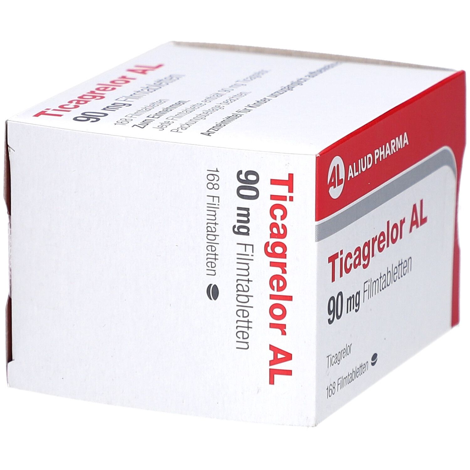 Schachtel mit roter und weißer Aufmachung. Aufschrift: Ticagrelor AL 90 mg Filmtabletten. Marke: AL, Aliud Pharma.