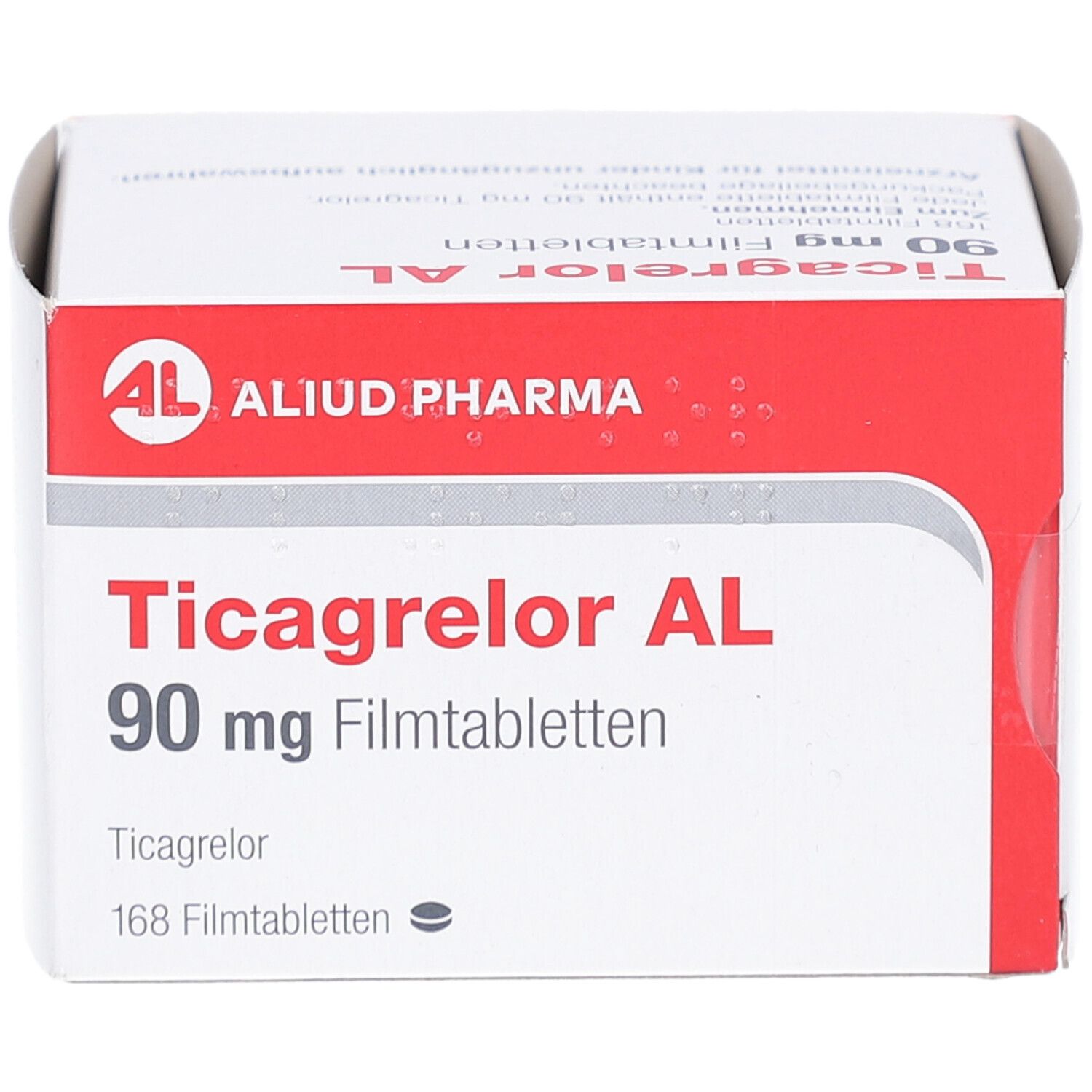 Schachtel mit roter und weißer Aufmachung. Aufschrift: Ticagrelor AL 90 mg Filmtabletten. Marke: AL, Aliud Pharma.