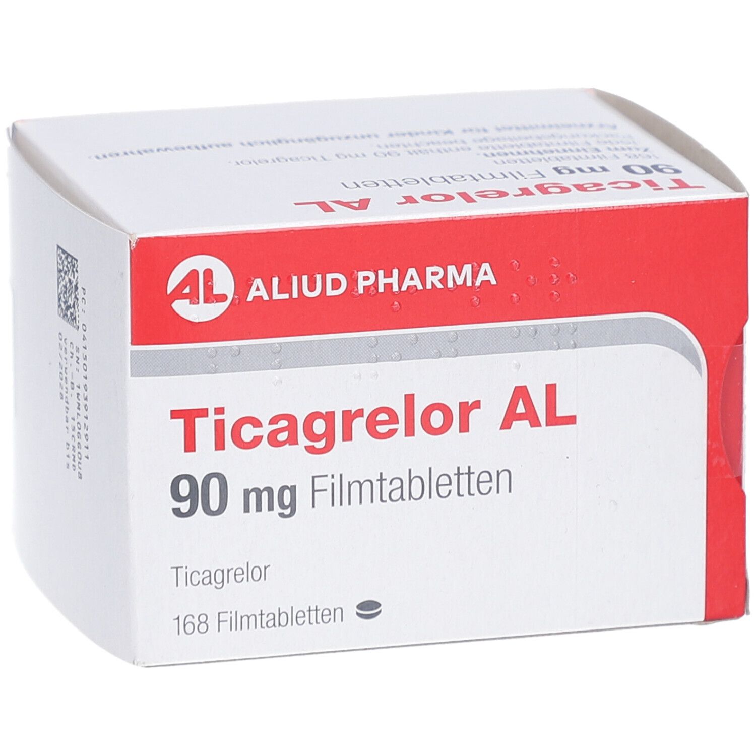 Schachtel mit roter und weißer Aufmachung. Aufschrift: Ticagrelor AL 90 mg Filmtabletten. Marke: AL, Aliud Pharma.