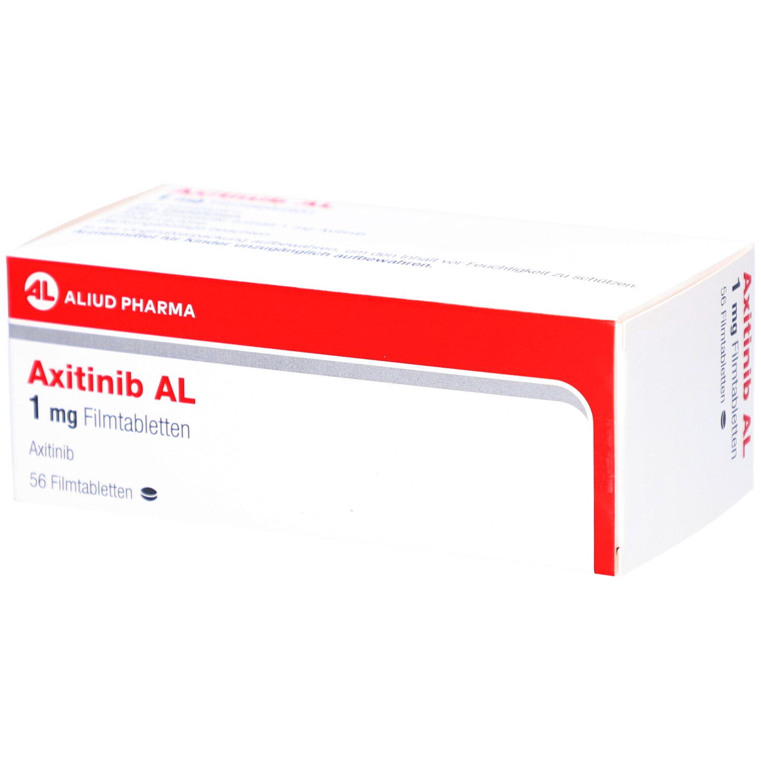Schachtel mit AXITINIB AL 1 mg Filmtabletten. Rote und weiße Verpackung mit Produktnamen und Dosierung.