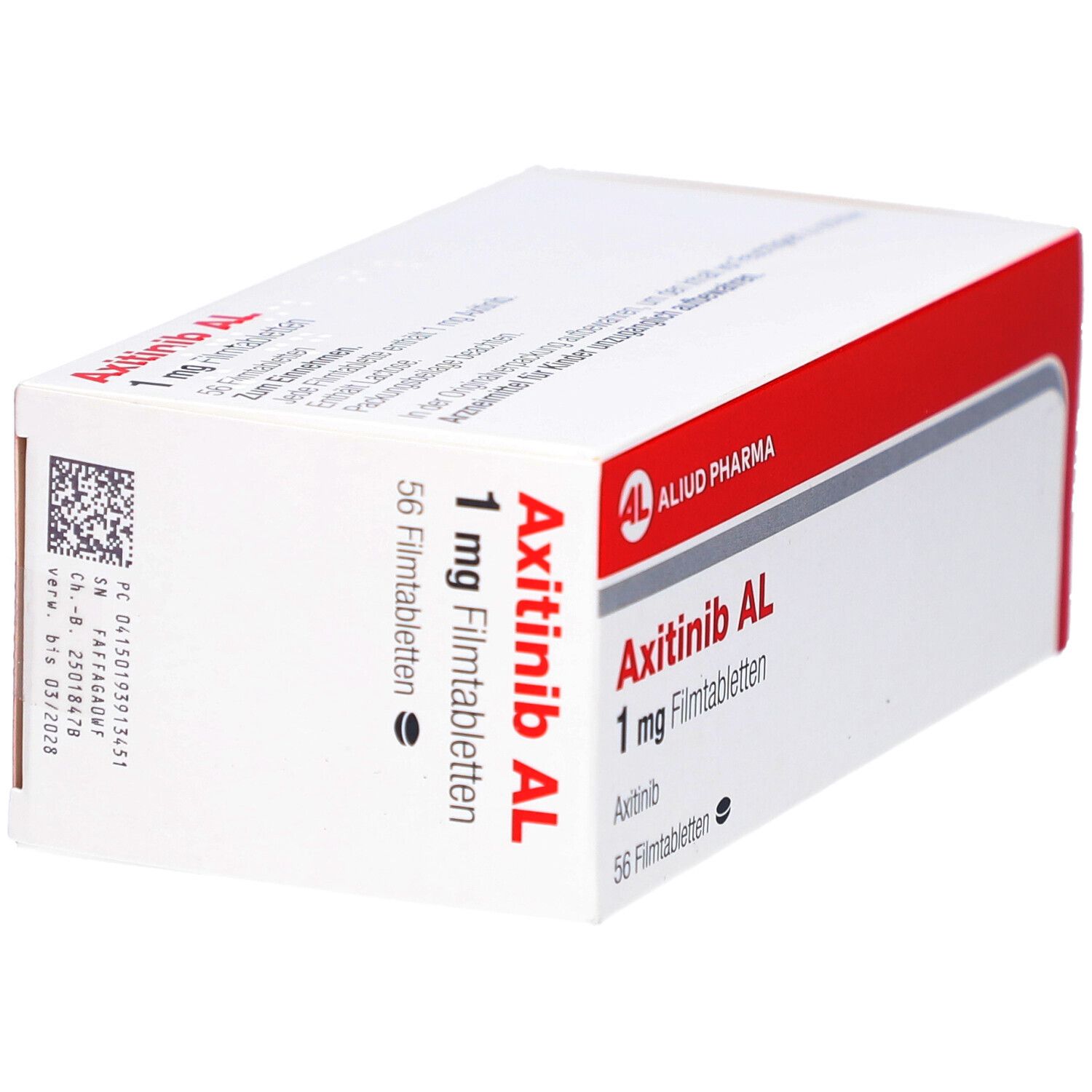 Schachtel AXITINIB AL 1 mg Filmtabletten. Weiße Verpackung mit rotem Streifen, Produktname und Dosierung.