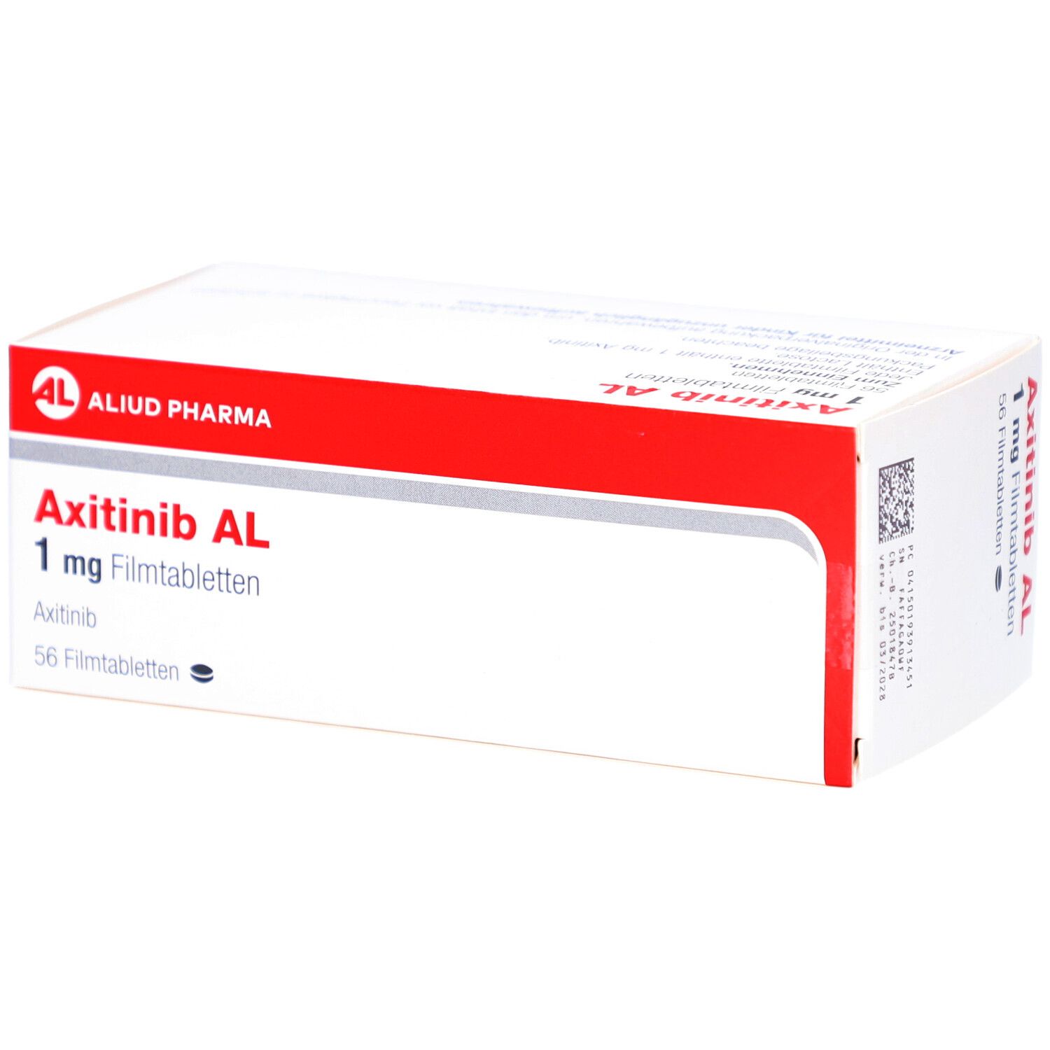 Schachtel AXITINIB AL 1 mg Filmtabletten. Weiße Verpackung mit rotem Streifen, Produktname und Dosierung.