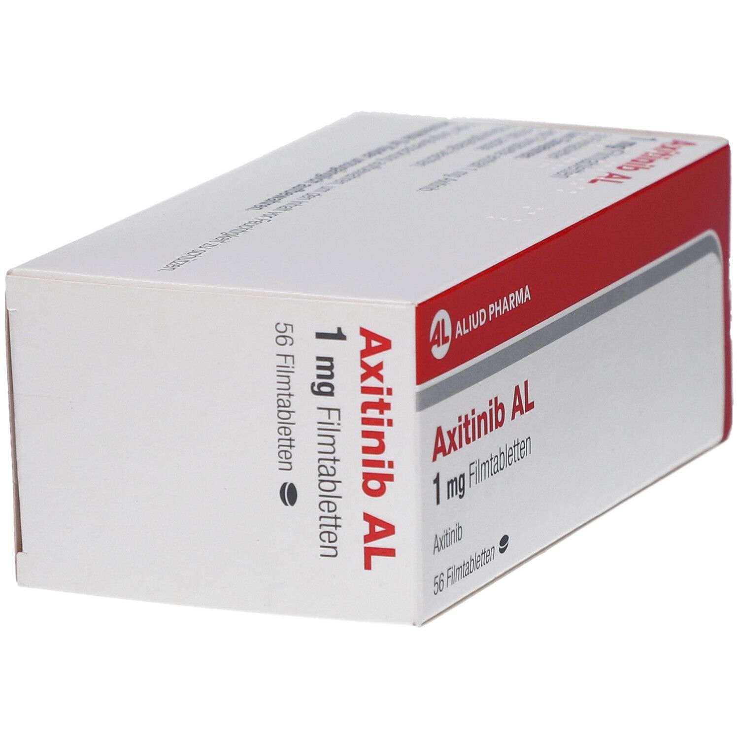 Schachtel AXITINIB AL 1 mg Filmtabletten. Weiße Verpackung mit rotem Streifen, Produktname und Dosierung.