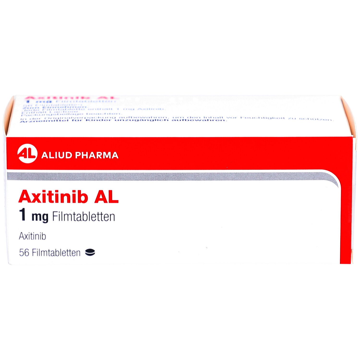 Schachtel AXITINIB AL 1 mg Filmtabletten. Weiße Verpackung mit rotem Streifen, Produktname und Dosierung.