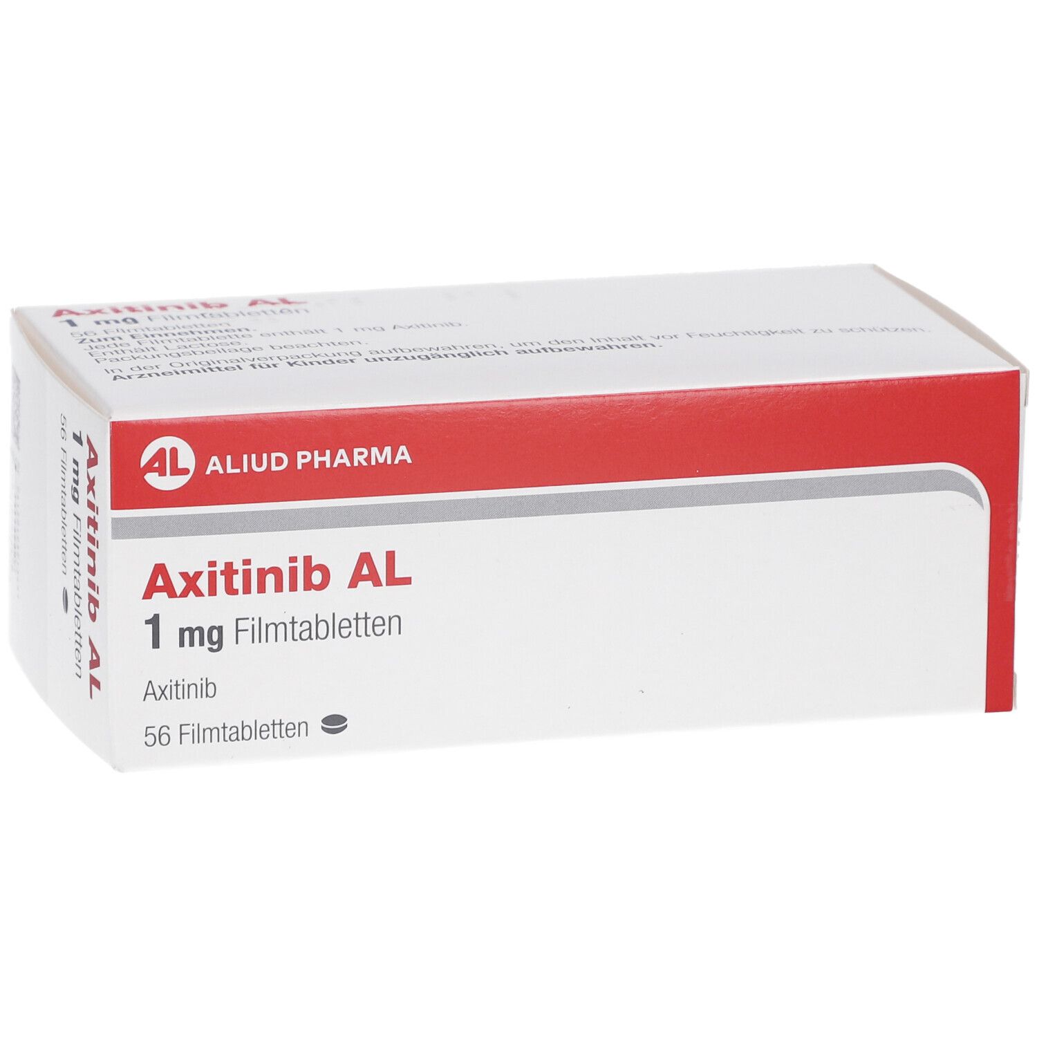Schachtel AXITINIB AL 1 mg Filmtabletten. Weiße Verpackung mit rotem Streifen, Produktname und Dosierung.