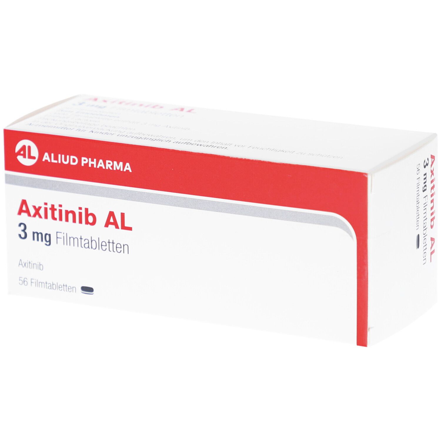 Schachtel mit rotem Streifen. Aufschrift: Axitinib AL 3 mg Filmtabletten. Logo: AL, Aliud Pharma. 56 Filmtabletten.