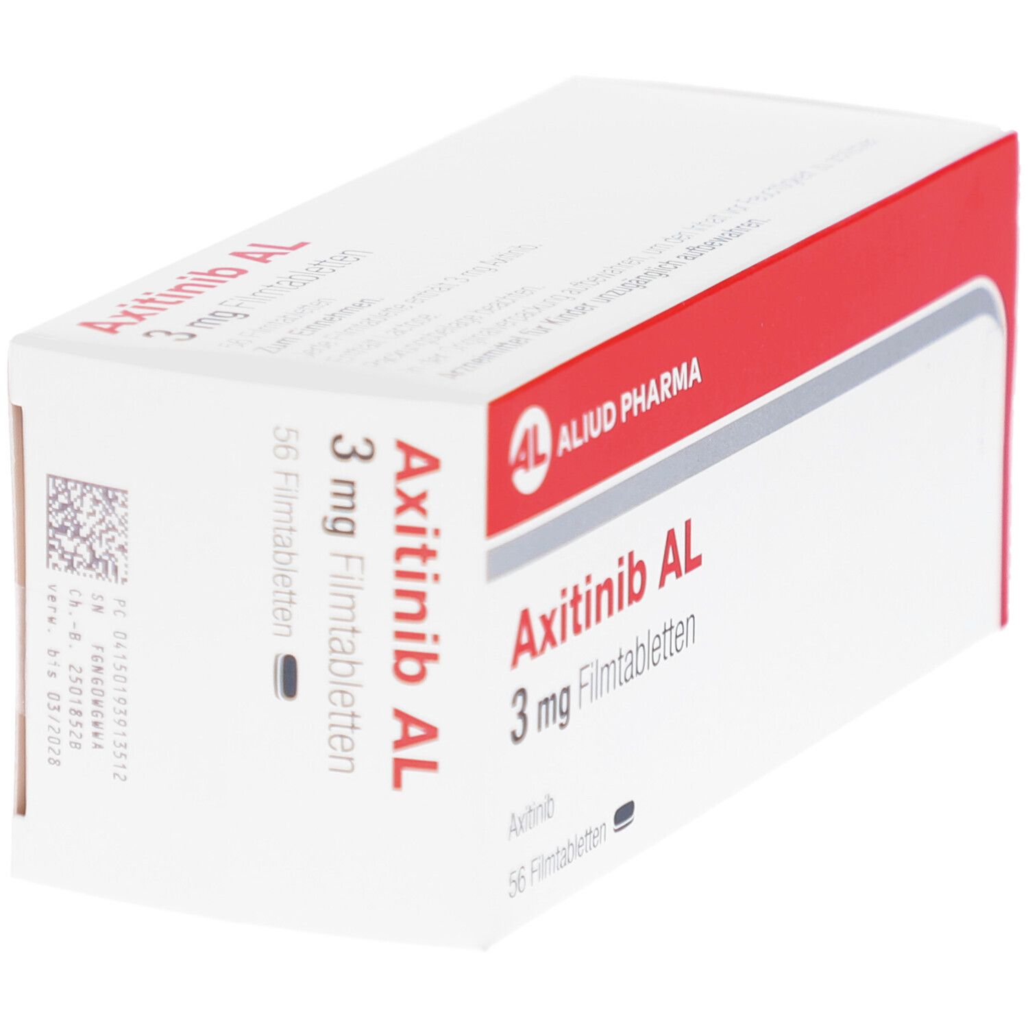 Schachtel mit rotem Streifen. Aufschrift: Axitinib AL 3 mg Filmtabletten. Logo: AL, Aliud Pharma. 56 Filmtabletten.