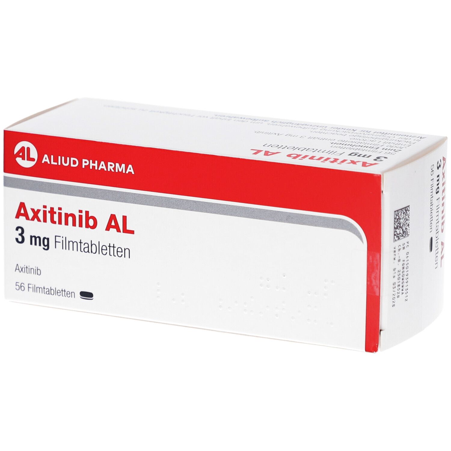 Schachtel mit rotem Streifen. Aufschrift: Axitinib AL 3 mg Filmtabletten. Logo: AL, Aliud Pharma. 56 Filmtabletten.