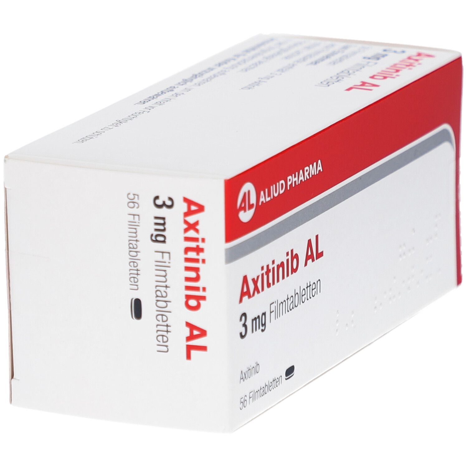 Schachtel mit rotem Streifen. Aufschrift: Axitinib AL 3 mg Filmtabletten. Logo: AL, Aliud Pharma. 56 Filmtabletten.