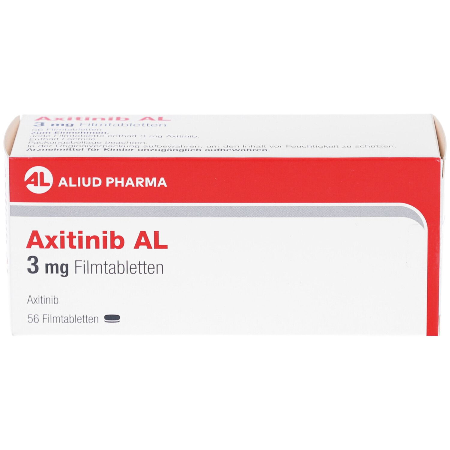 Schachtel mit rotem Streifen. Aufschrift: Axitinib AL 3 mg Filmtabletten. Logo: AL, Aliud Pharma. 56 Filmtabletten.