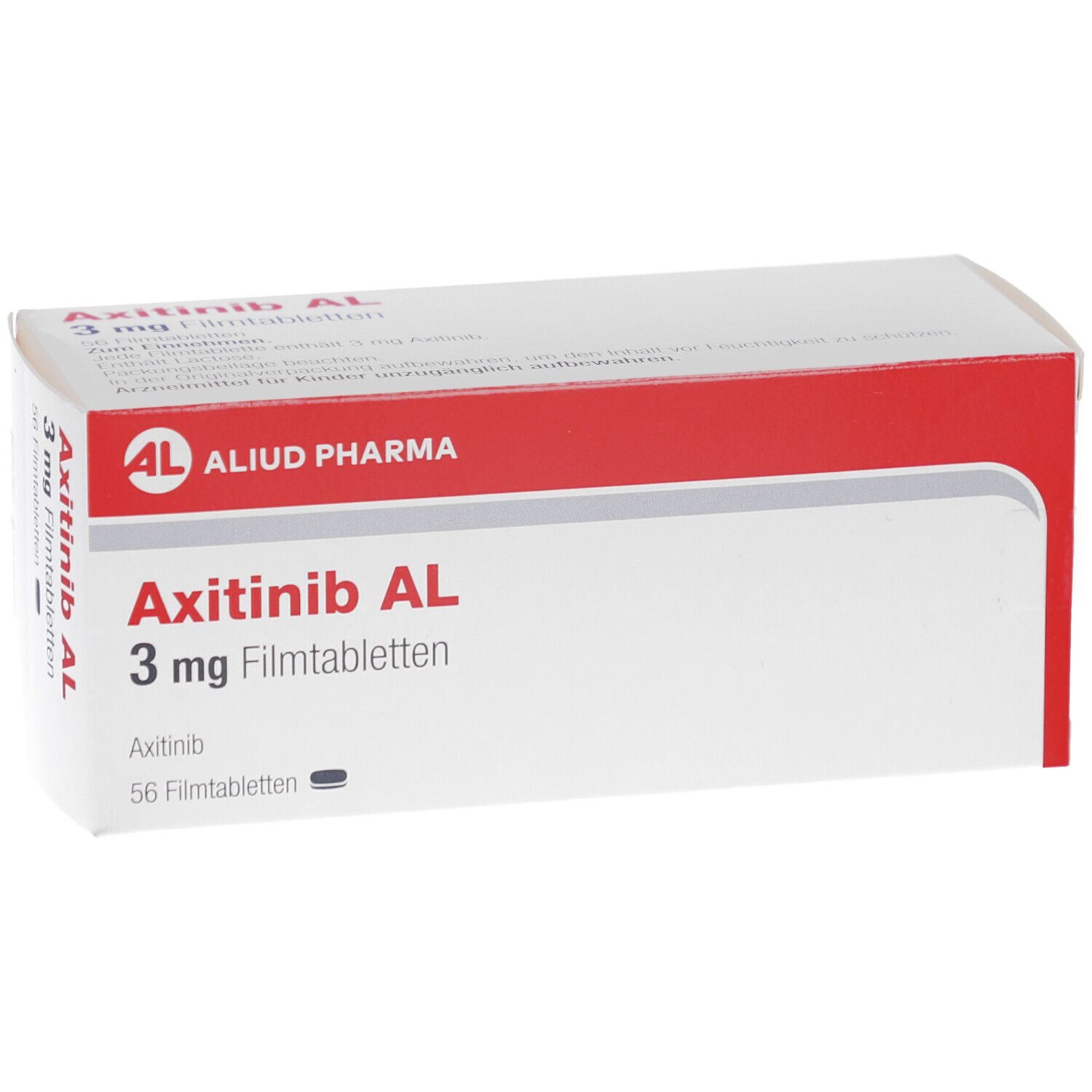 Schachtel mit rotem Streifen. Aufschrift: Axitinib AL 3 mg Filmtabletten. Logo: AL, Aliud Pharma. 56 Filmtabletten.