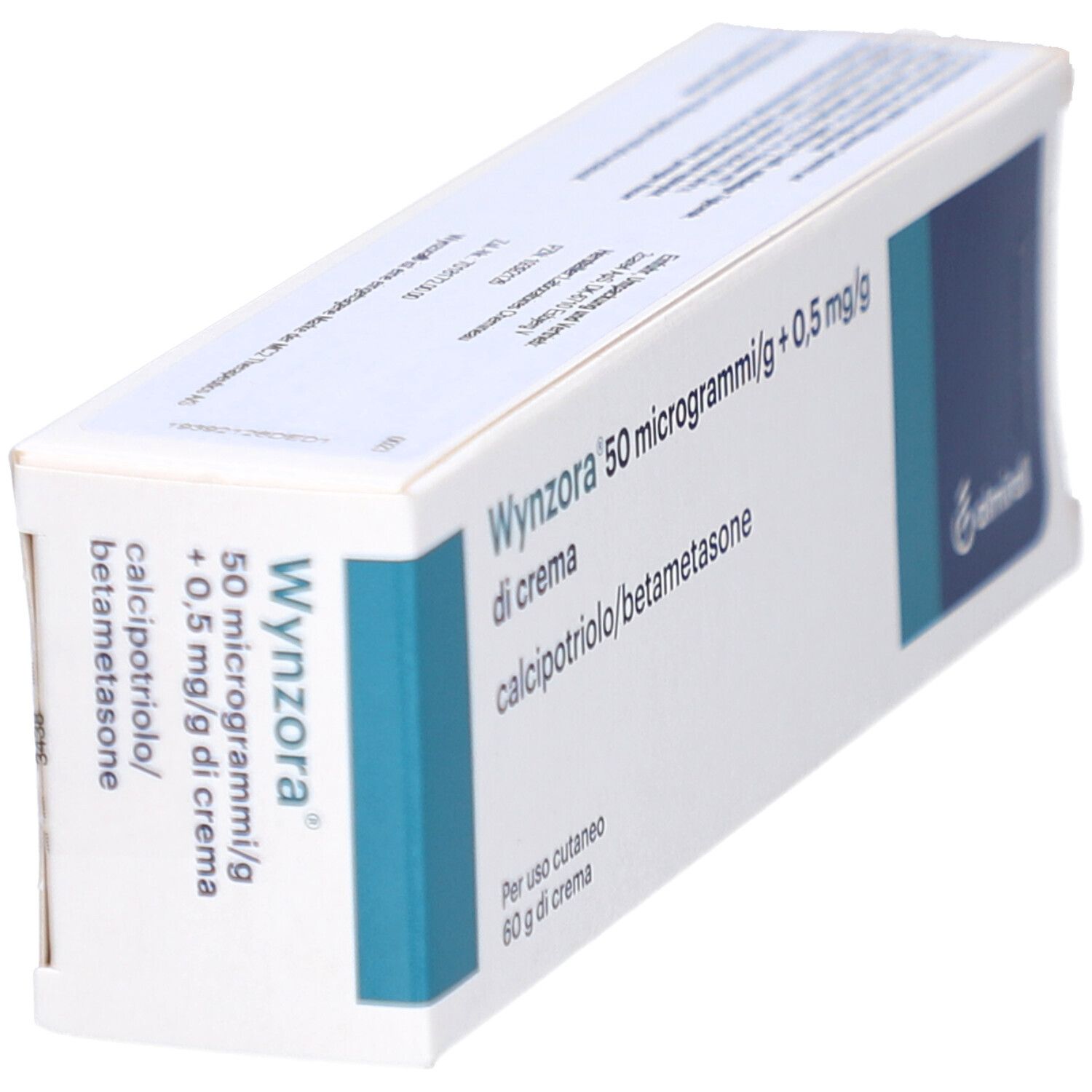 Schachtel mit Produktinformationen. Aufschrift: WYNZORA 50 Mikrogramm/g + 0,5 mg/g Creme. Enthält Calcipotriol/Betamethason.