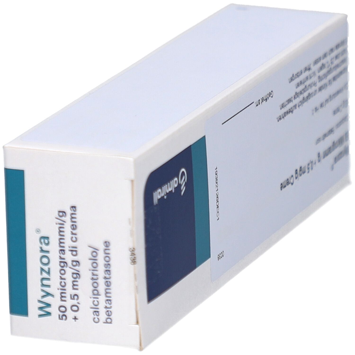 Schachtel mit Produktinformationen. Aufschrift: WYNZORA 50 Mikrogramm/g + 0,5 mg/g Creme. Enthält Calcipotriol/Betamethason.