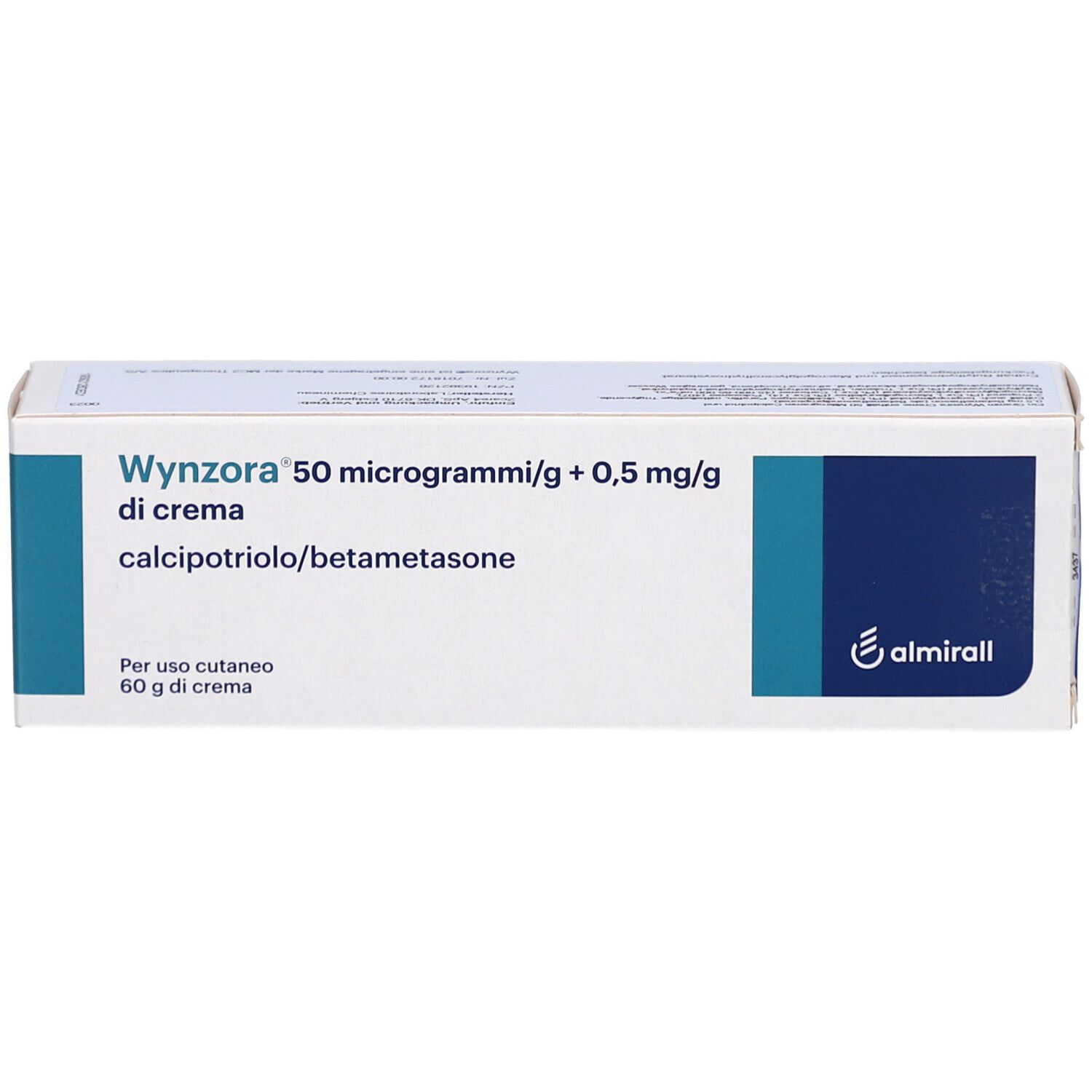 Schachtel mit Produktinformationen. Aufschrift: WYNZORA 50 Mikrogramm/g + 0,5 mg/g Creme. Enthält Calcipotriol/Betamethason.