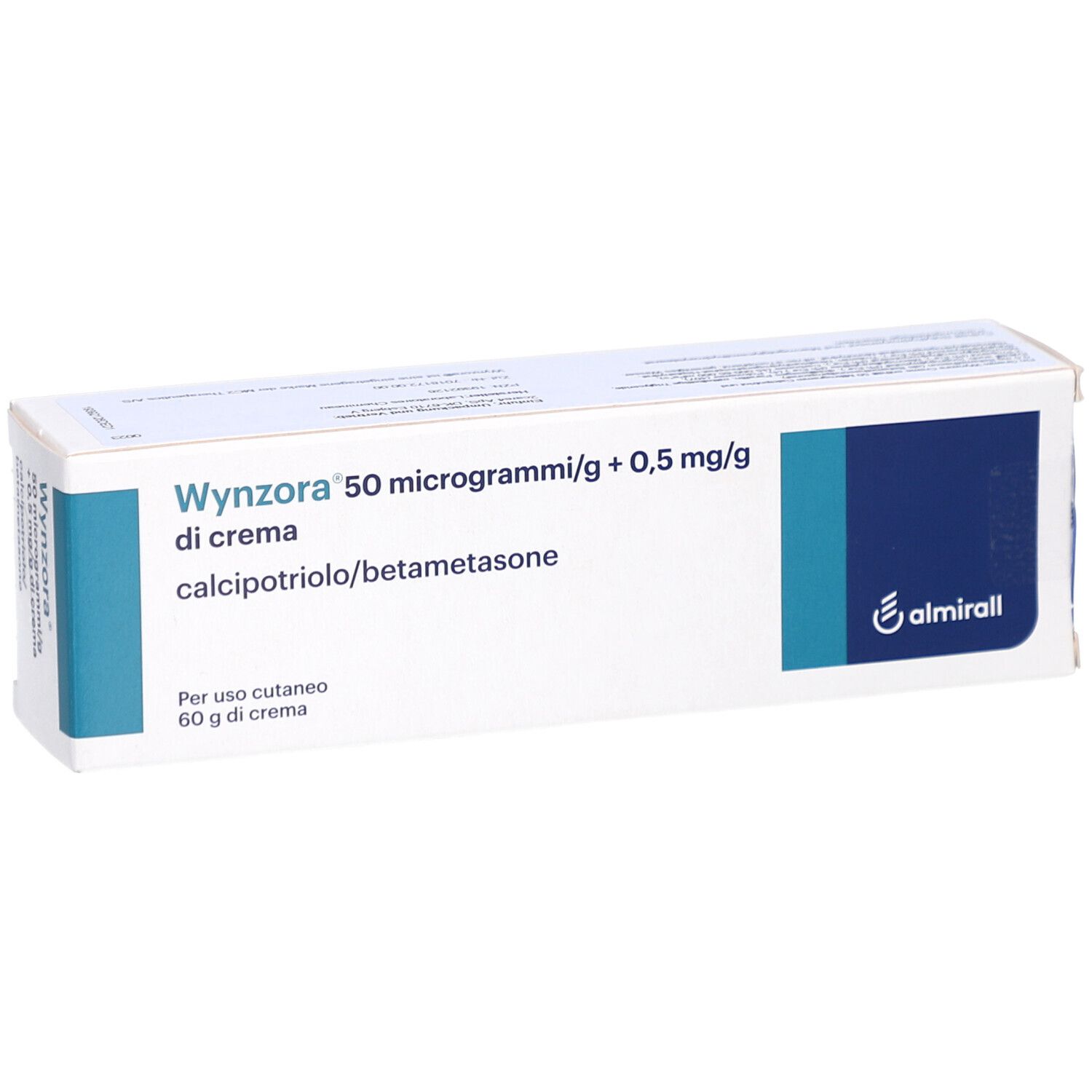 Schachtel mit Produktinformationen. Aufschrift: WYNZORA 50 Mikrogramm/g + 0,5 mg/g Creme. Enthält Calcipotriol/Betamethason.