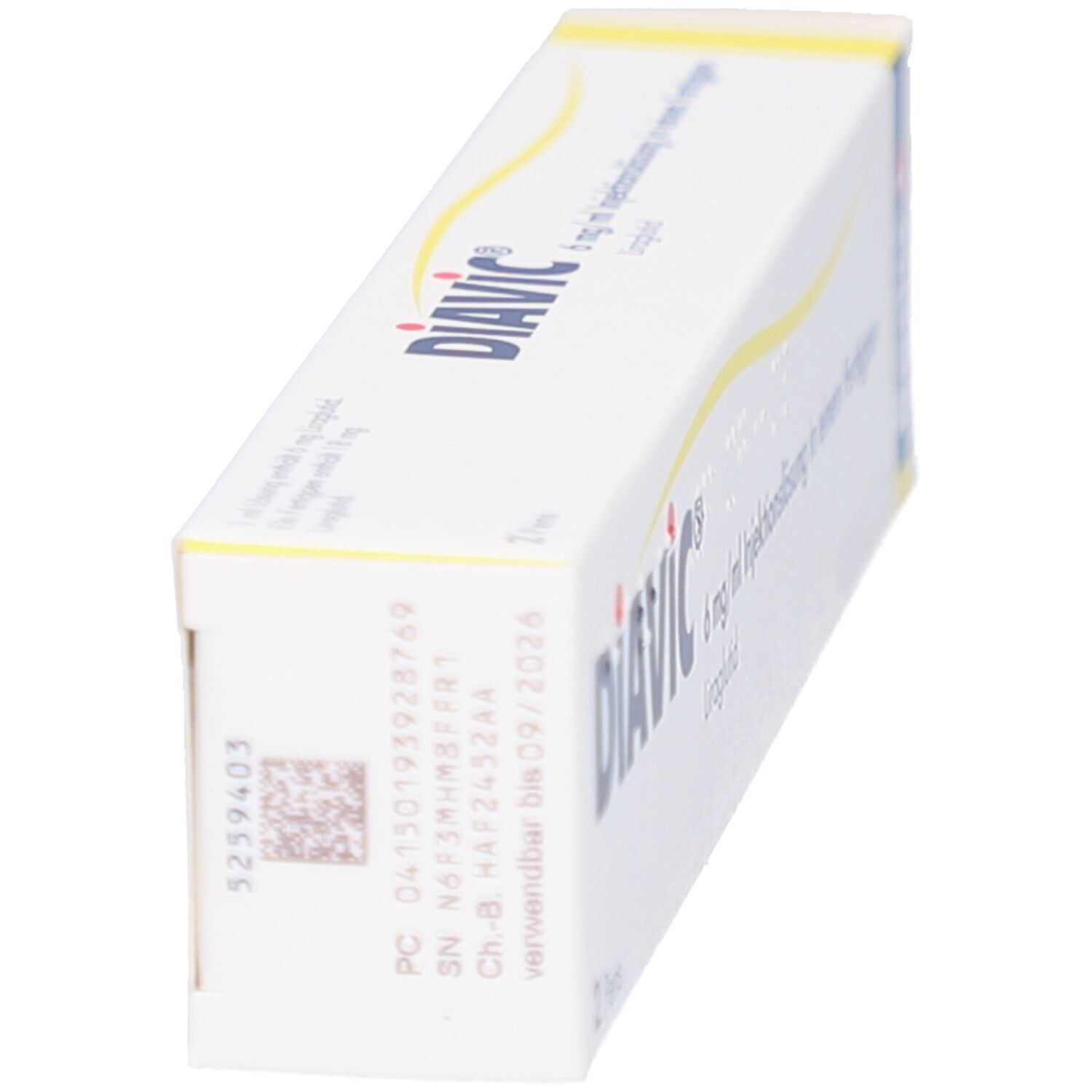 Schachtel von DIAVIC, schräg. Text und Logos sichtbar. Details zur Haltbarkeit und Chargennummer.