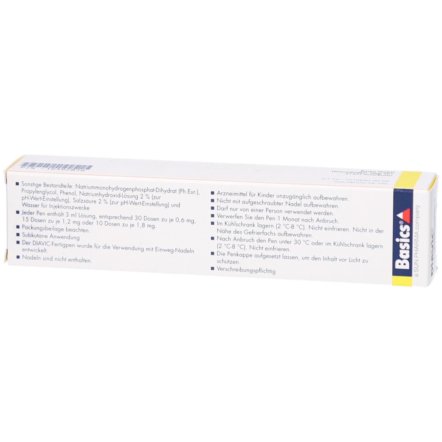 Rückseite der DIAVIC-Schachtel. Text mit Inhaltsstoffen und Anwendungshinweisen. Basics-Logo.