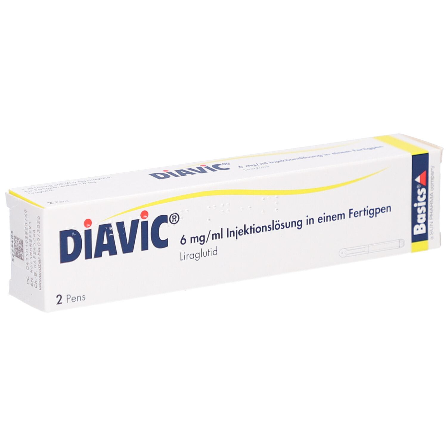 Weiße Schachtel mit DIAVIC-Logo und Text. Enthält zwei Fertigpens. Basics-Logo rechts.