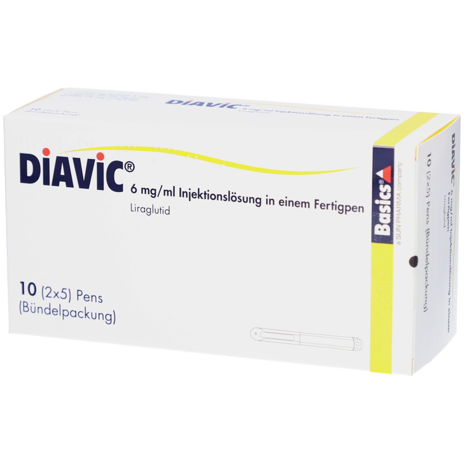 Verpackung von Diavic 6 mg/ml Injektionslösung. Enthält 10 Fertigpens. Aufschrift: Basics A Sun Pharma company.