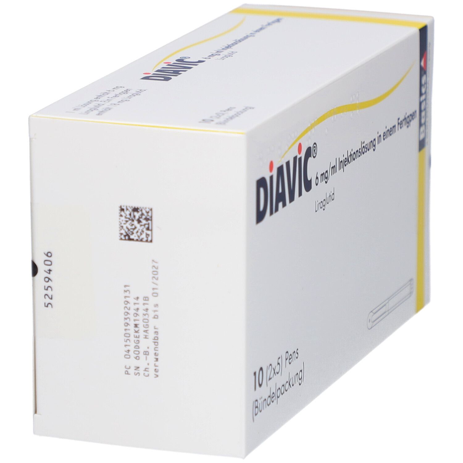 Verpackung von Diavic 6 mg/ml Injektionslösung. Aufdruck mit Chargennummer und Verfallsdatum. Basics A Sun Pharma company.