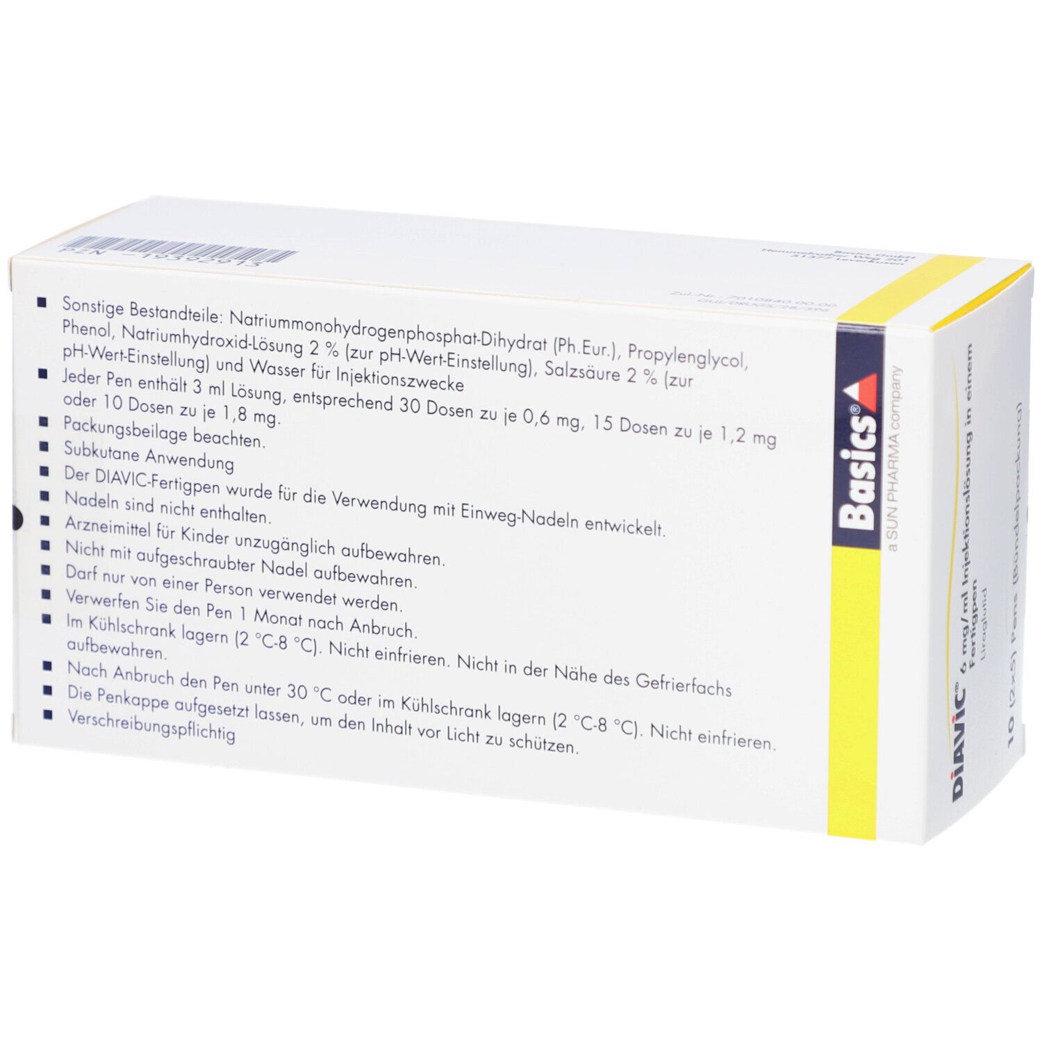 Rückseite der Verpackung von Diavic 6 mg/ml Injektionslösung. Enthält Informationen zur Anwendung und Inhaltsstoffe.