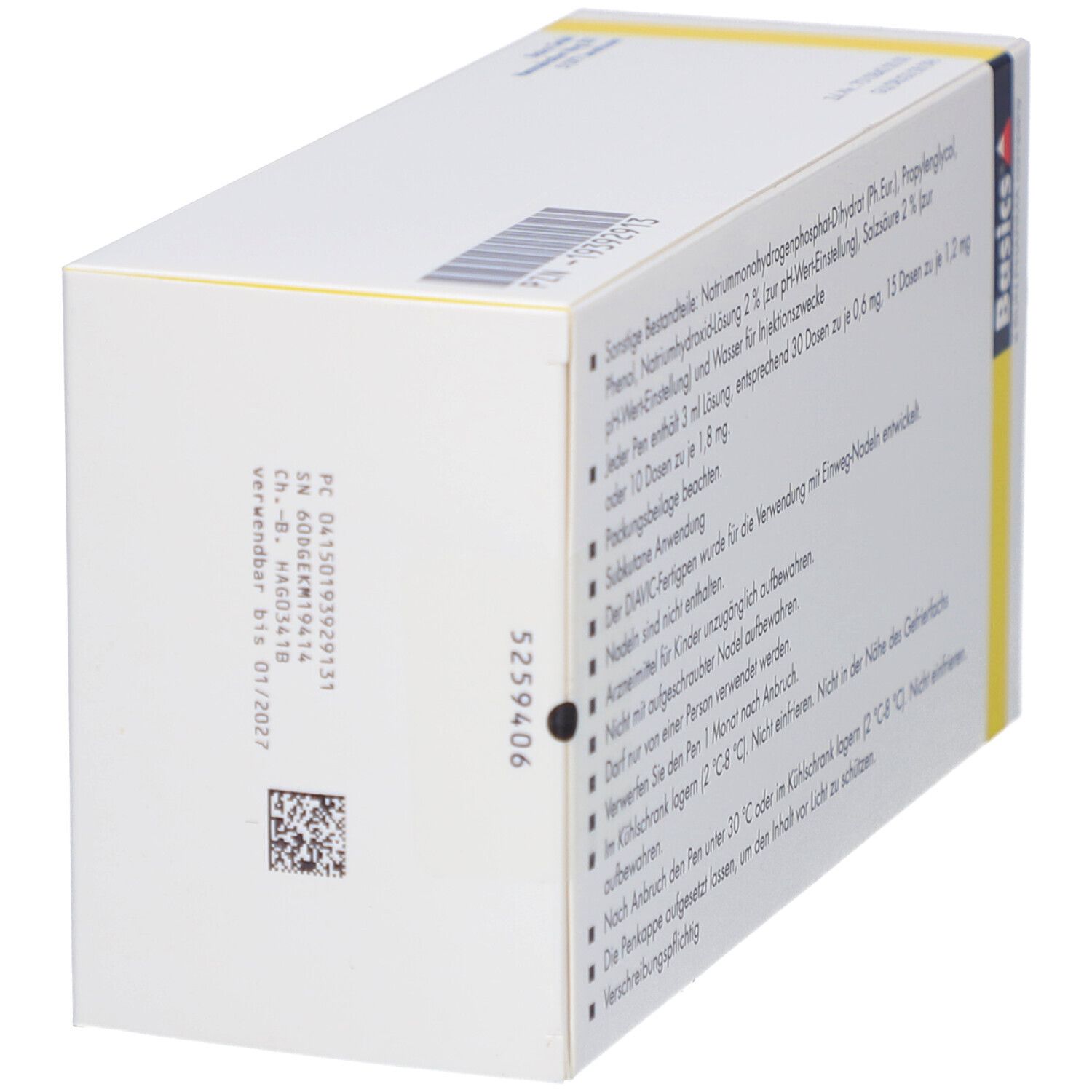 Rückseite der Verpackung von Diavic 6 mg/ml Injektionslösung. Details zu Inhaltsstoffen und Anwendungshinweisen.