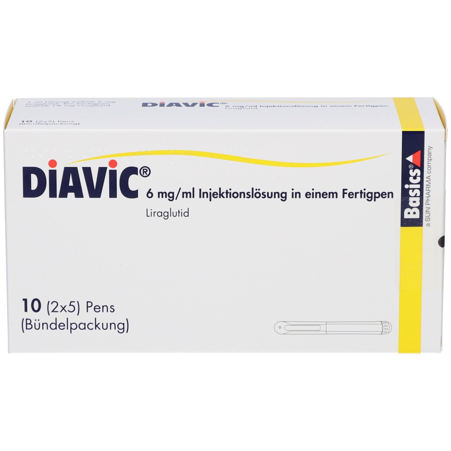Verpackung von Diavic 6 mg/ml Injektionslösung. Enthält 10 Fertigpens. Aufschrift: Basics A Sun Pharma company.