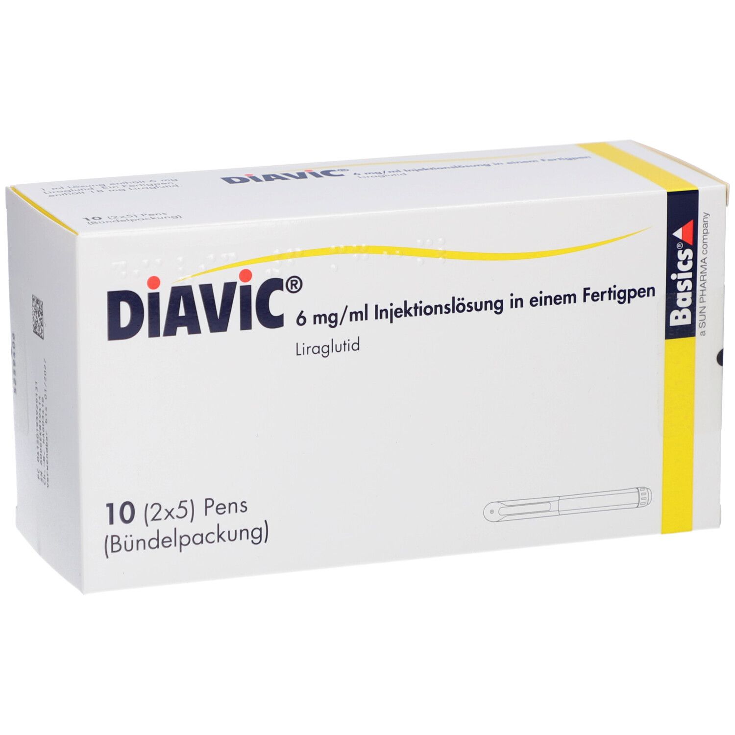 Verpackung von Diavic 6 mg/ml Injektionslösung. Enthält 10 Fertigpens. Aufschrift: Basics A Sun Pharma company.
