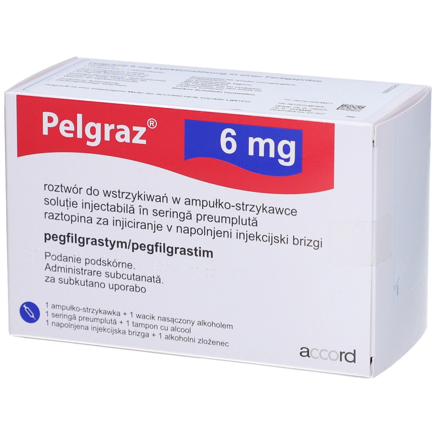 Weiße Schachtel mit rotem Streifen. Aufschrift: Pelgraz 6 mg. Enthält Fertigspritze mit Injektionslösung.