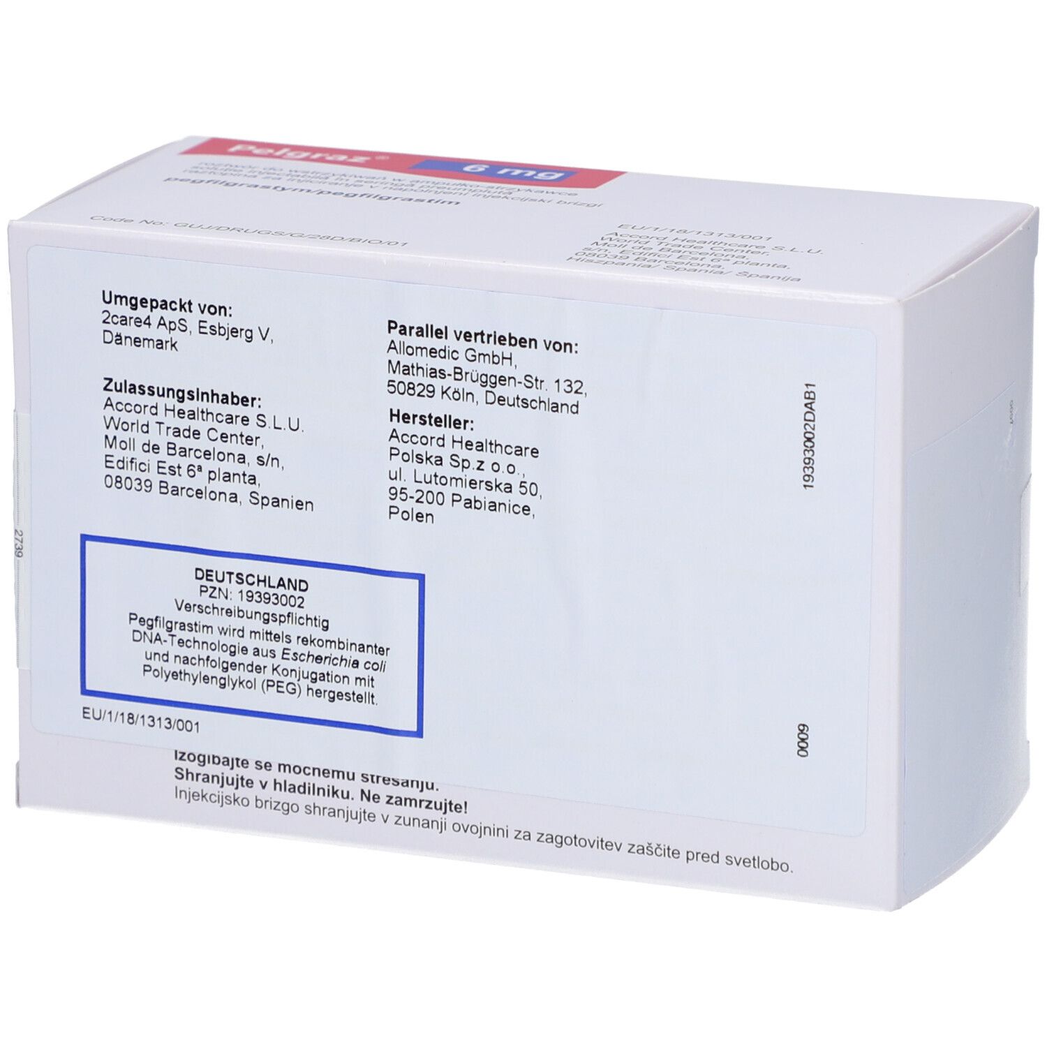Weiße Schachtel, Rückseite. Aufschrift: Pelgraz 6 mg. Enthält Informationen zu Hersteller und Vertrieb.
