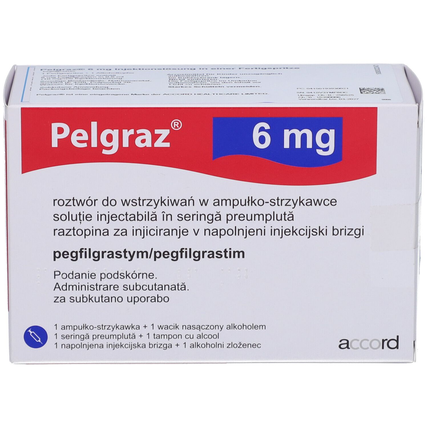 Weiße Schachtel mit rotem Streifen. Aufschrift: Pelgraz 6 mg. Enthält Fertigspritze mit Injektionslösung.