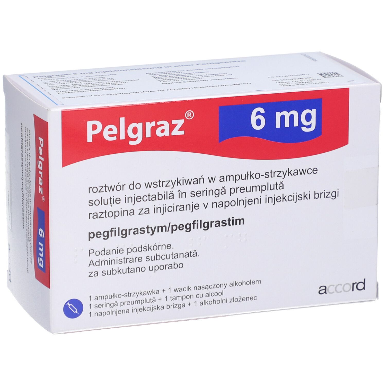 Weiße Schachtel mit rotem Streifen. Aufschrift: Pelgraz 6 mg. Enthält Fertigspritze mit Injektionslösung.