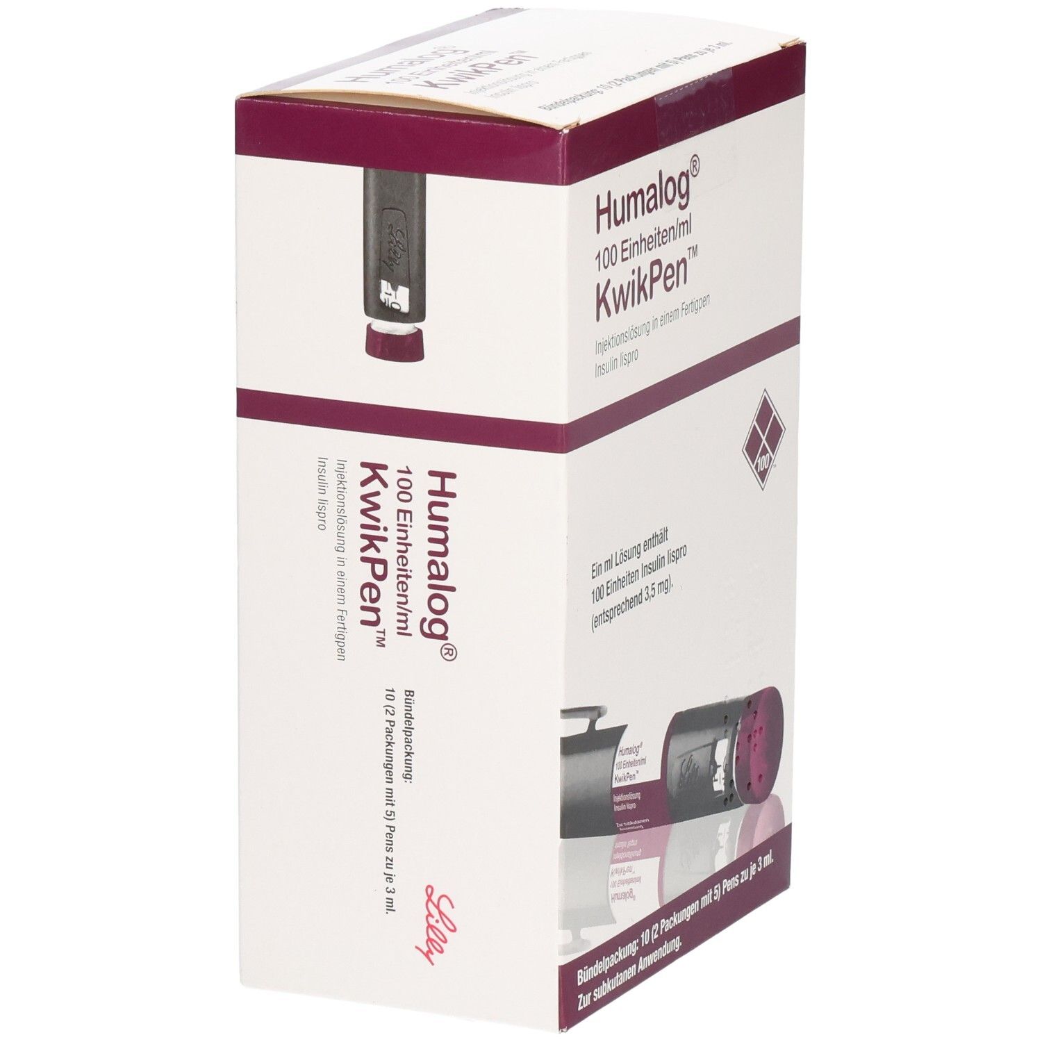 Humalog KwikPen-Verpackung. Aufschrift: 100 Einheiten/ml. Fertigpen-Injektionslösung. Lilly-Logo.