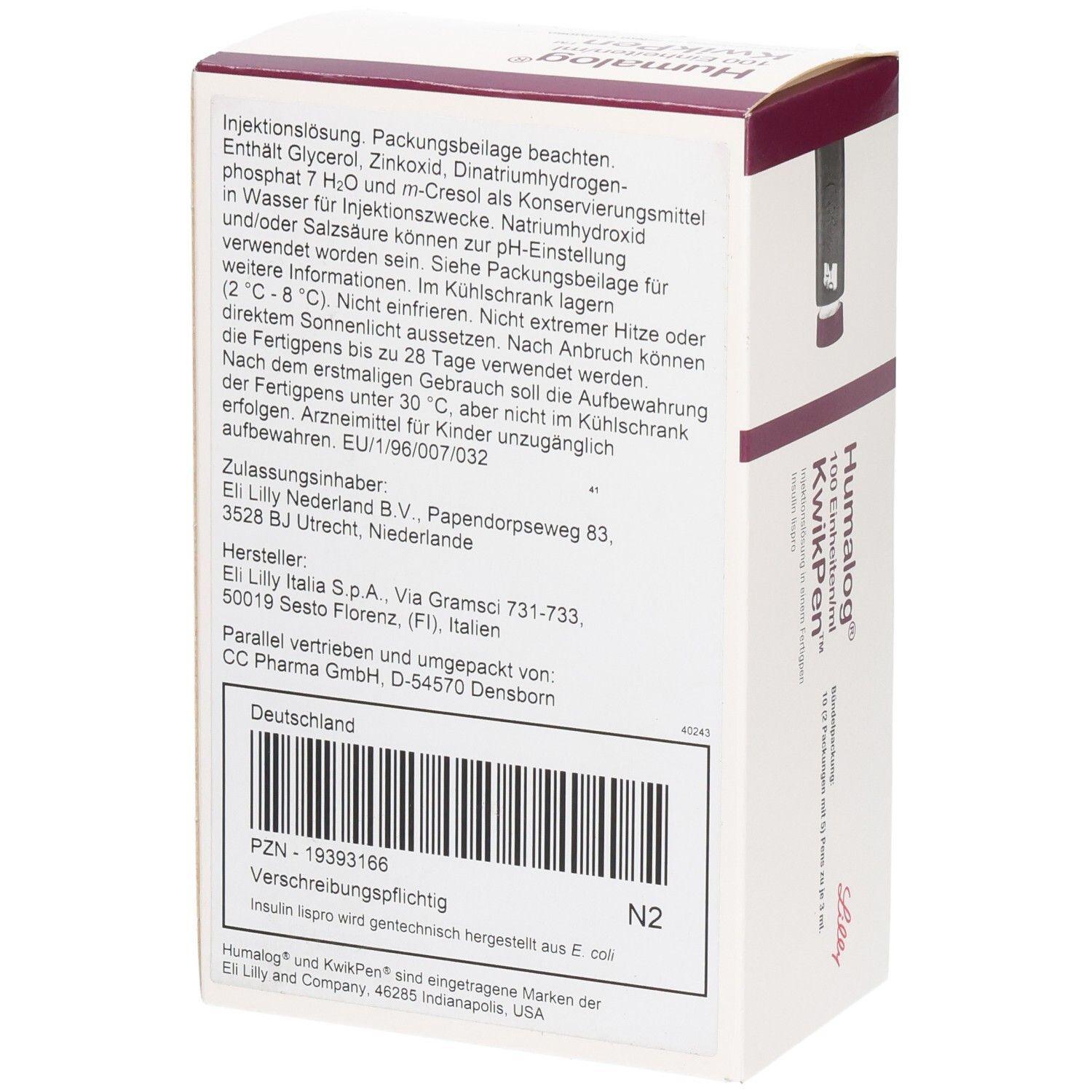 Rückseite der Humalog KwikPen-Verpackung. Text: Injektionslösung. Herstellerinformationen. PZN-Nummer.