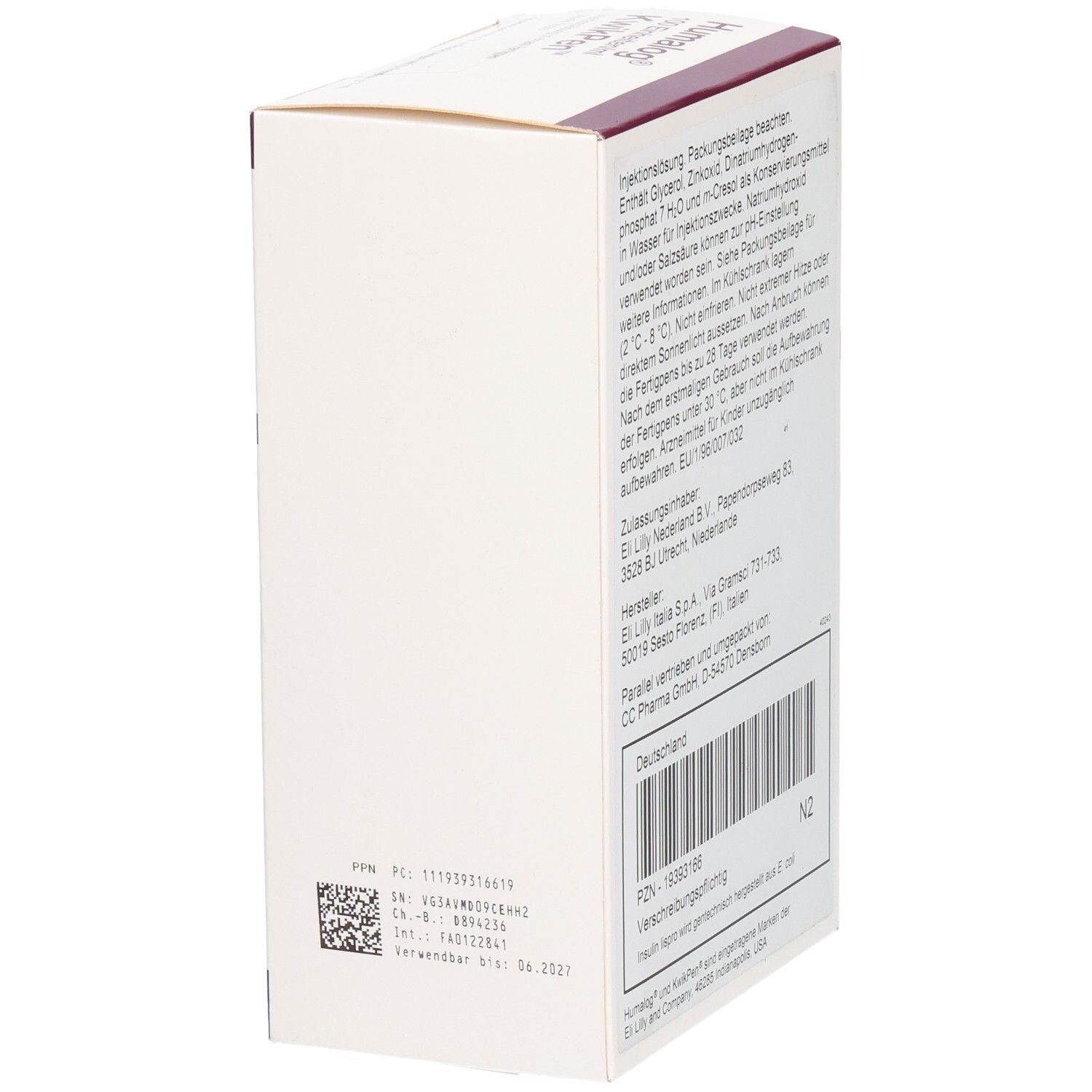 Seite der Humalog KwikPen-Verpackung. Text: Injektionslösung. Herstellerinformationen. Barcode.