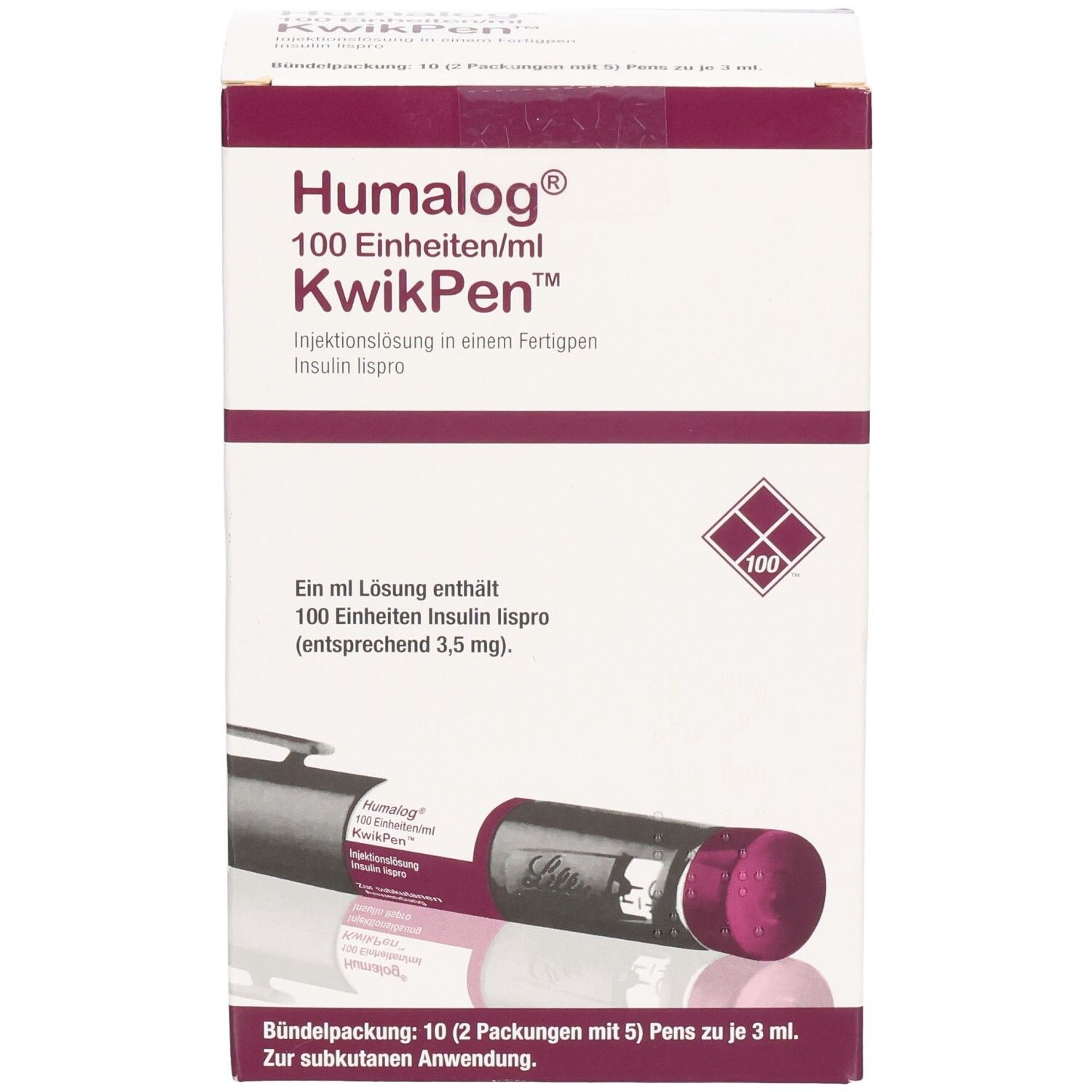 Humalog KwikPen-Verpackung. Aufschrift: 100 Einheiten/ml. Fertigpen-Injektionslösung. Abbildung des Pens.