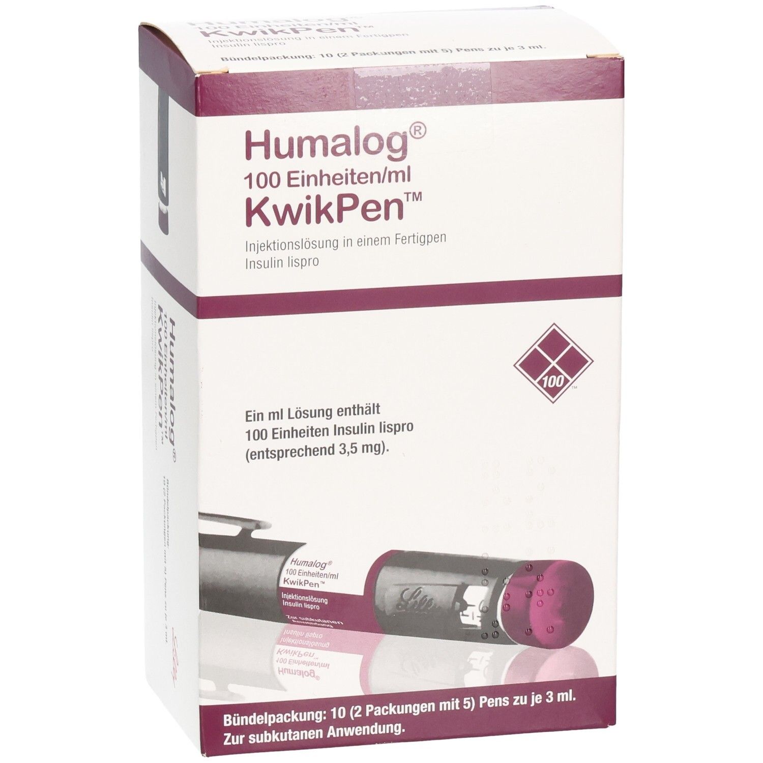 Humalog KwikPen-Verpackung. Aufschrift: 100 Einheiten/ml. Fertigpen-Injektionslösung. Abbildung des Pens.