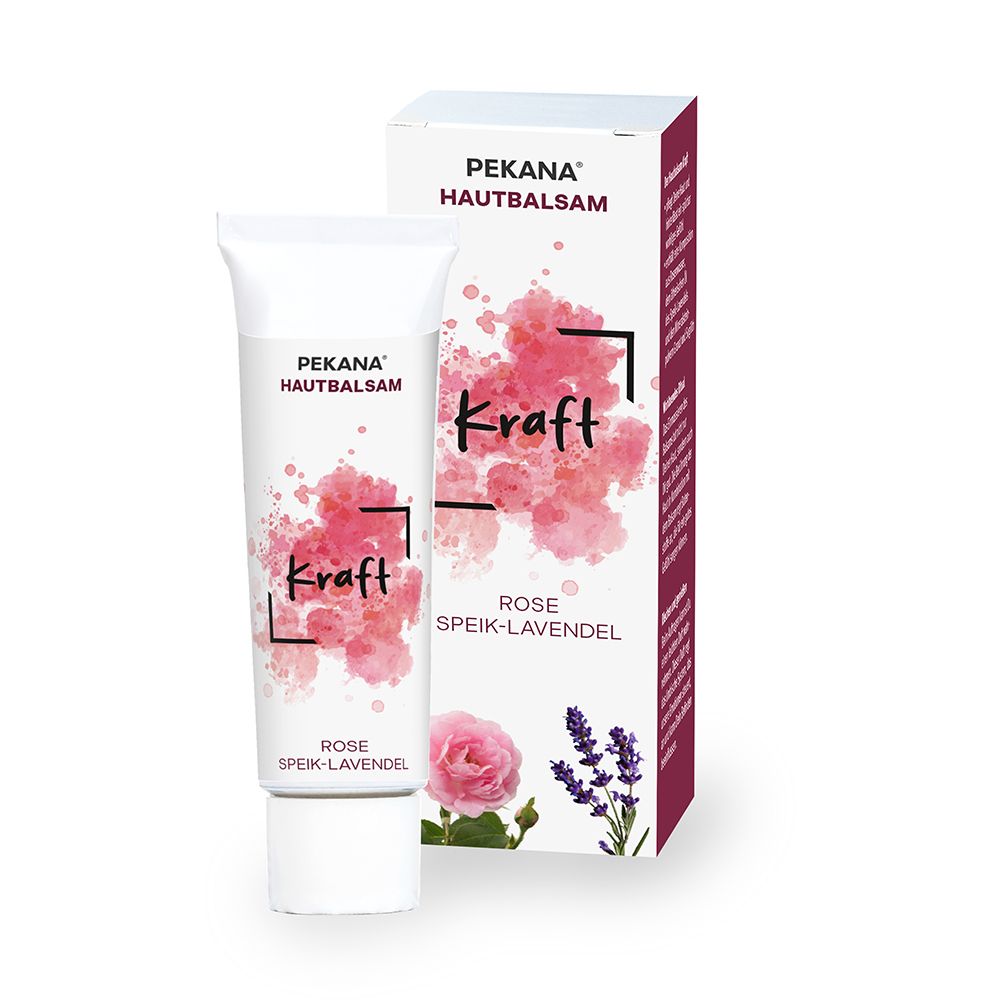 Weiße Tube mit 'PEKANA HAUTBALSAM Kraft Rose Speik-Lavendel' und floralen Designs.