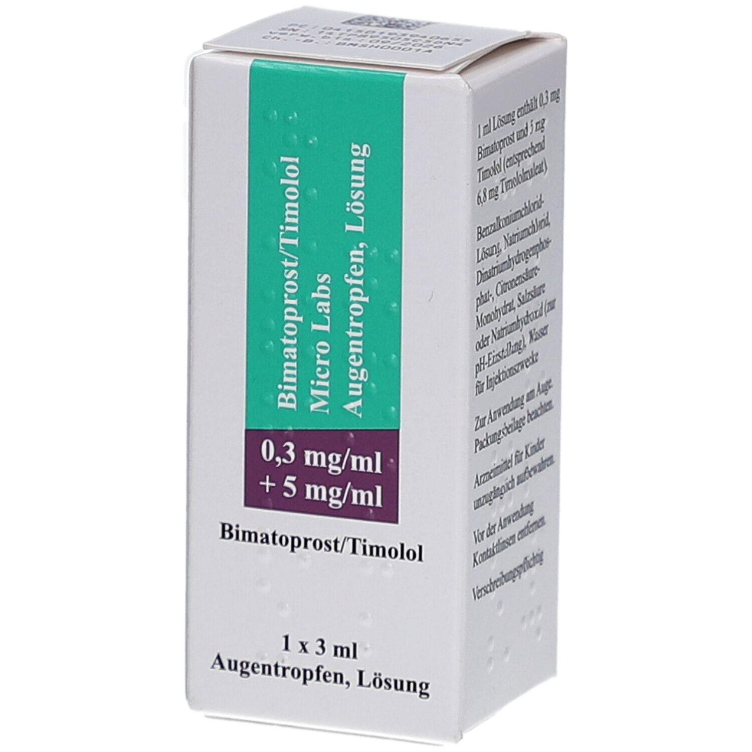 Weiße Faltschachtel mit grünen und violetten Akzenten. Aufdruck: Bimatoprost/Timolol Micro Labs, Augentropfen, Lösung. 0,3 mg/ml + 5 mg/ml.