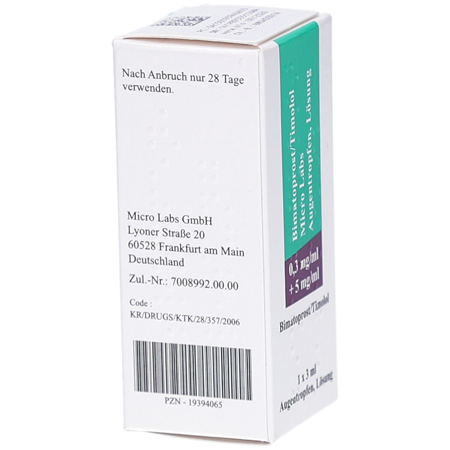 Rückseite der Faltschachtel. Text: Nach Anbruch nur 28 Tage verwenden. Adresse des Herstellers. Barcode und PZN-Nummer.