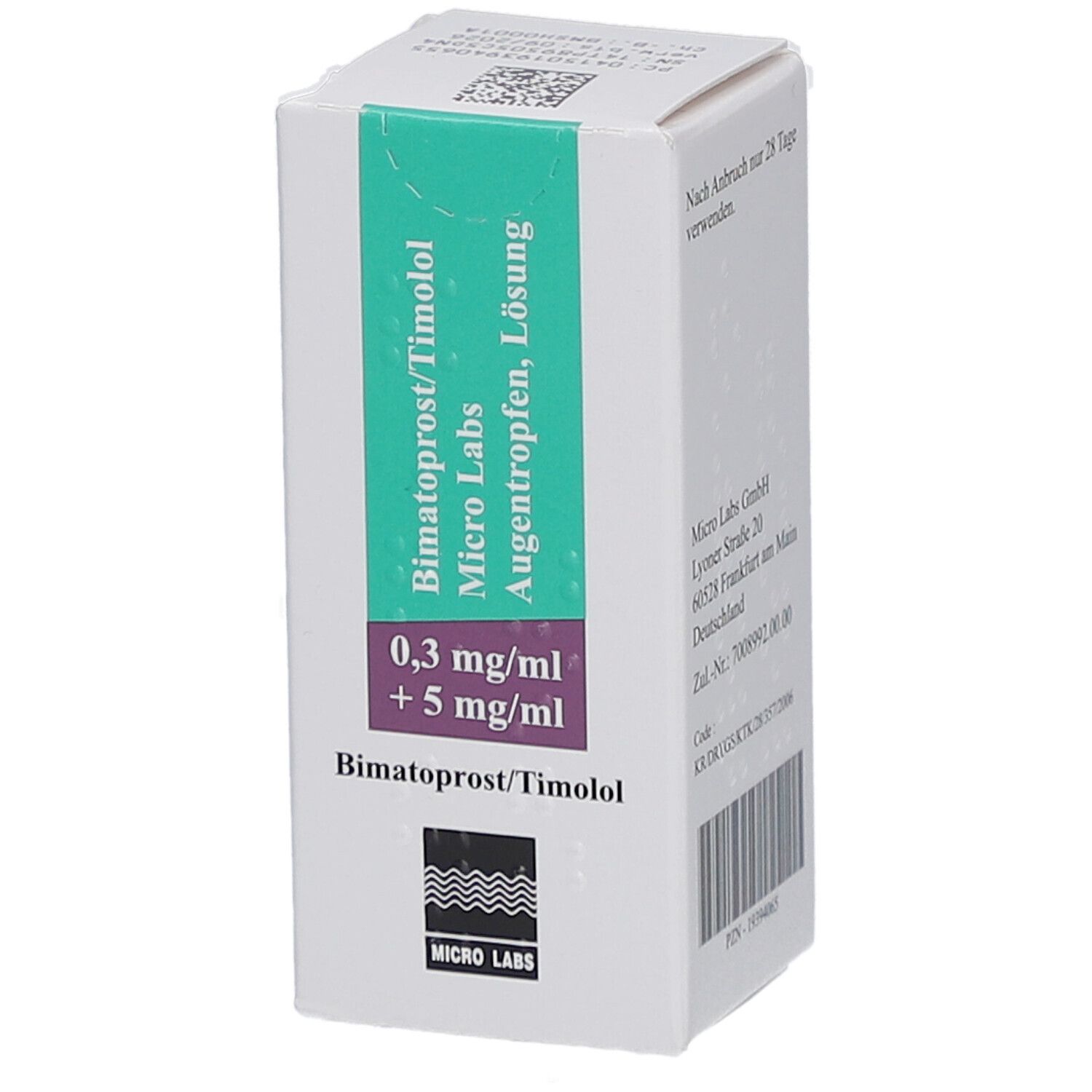 Weiße Faltschachtel mit grünen und violetten Akzenten. Aufdruck: Bimatoprost/Timolol Micro Labs, Augentropfen, Lösung. 0,3 mg/ml + 5 mg/ml.