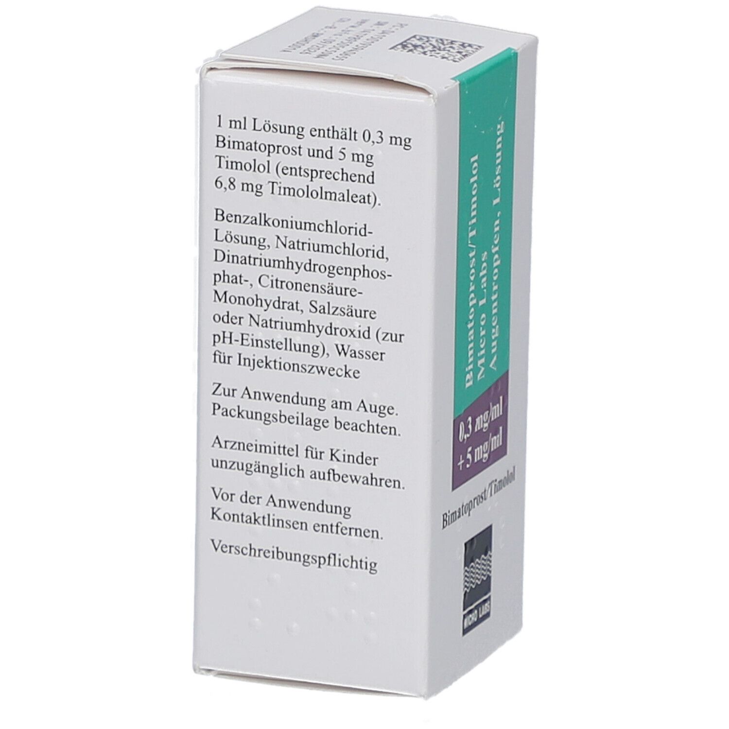 Seite der Faltschachtel. Text: Zusammensetzung, Anwendungshinweise, Warnhinweise. Adresse des Herstellers.