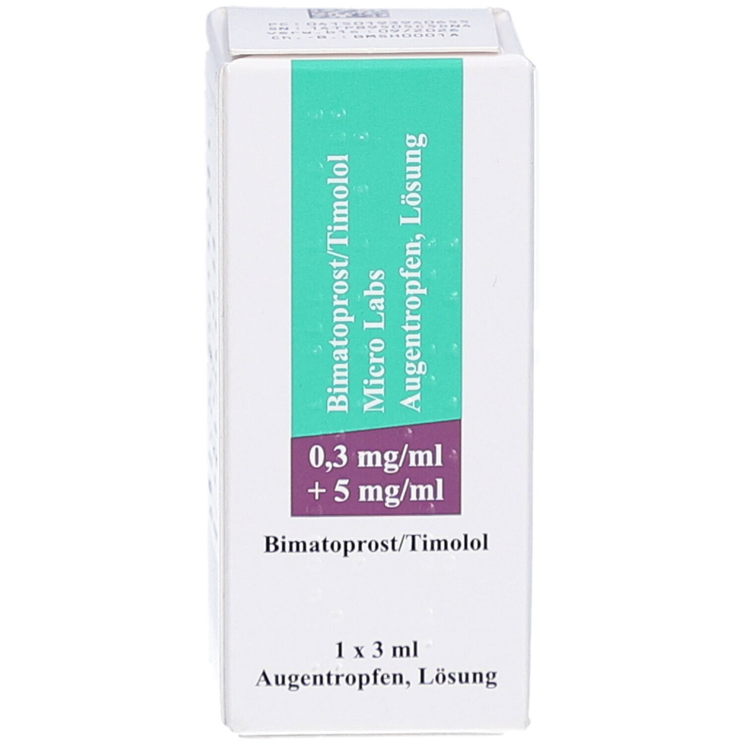 Weiße Faltschachtel mit grünen und violetten Akzenten. Aufdruck: Bimatoprost/Timolol Micro Labs, Augentropfen, Lösung. 0,3 mg/ml + 5 mg/ml.