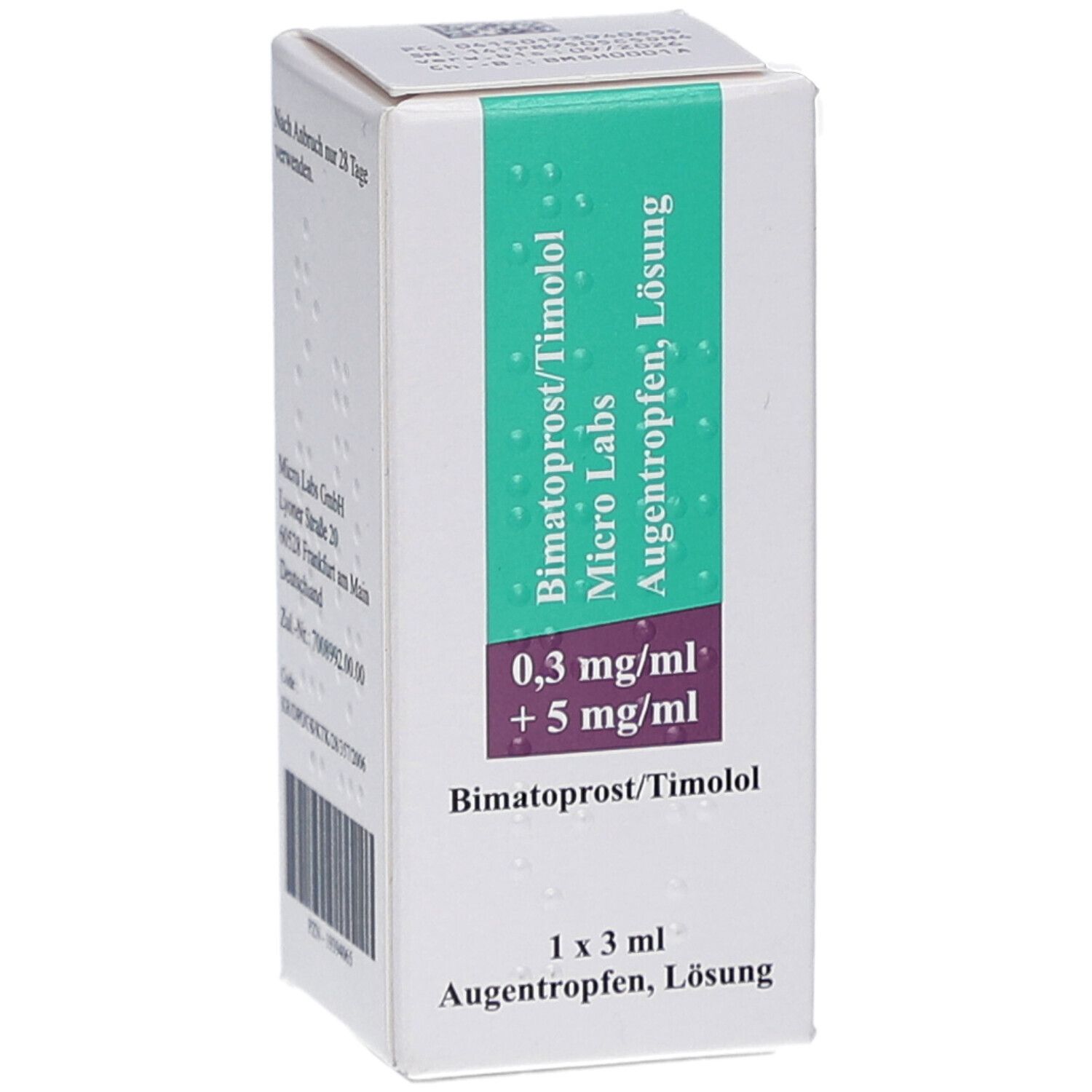 Weiße Faltschachtel mit grünen und violetten Akzenten. Aufdruck: Bimatoprost/Timolol Micro Labs, Augentropfen, Lösung. 0,3 mg/ml + 5 mg/ml.