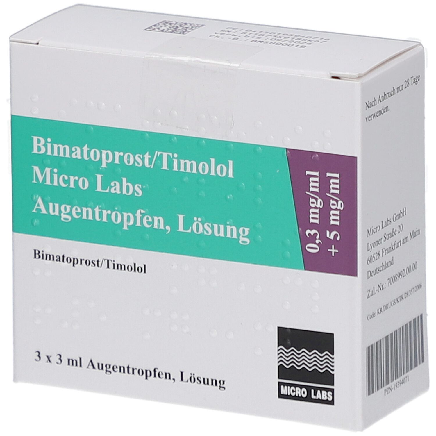 Weiße Faltschachtel mit Produktinformationen. Aufdruck: Bimatoprost/Timolol Micro Labs Augentropfen, Lösung. 3 x 3 ml.