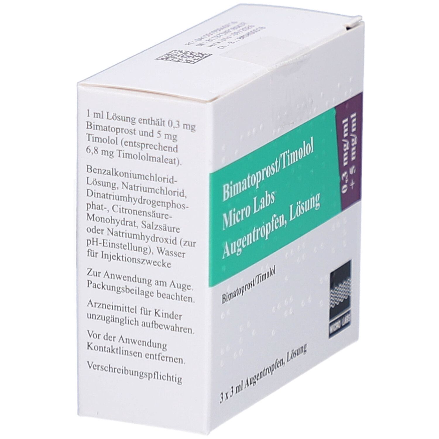 Weiße Faltschachtel mit Produktinformationen. Aufdruck: Bimatoprost/Timolol Micro Labs Augentropfen, Lösung. 3 x 3 ml. Inhaltsstoffe.